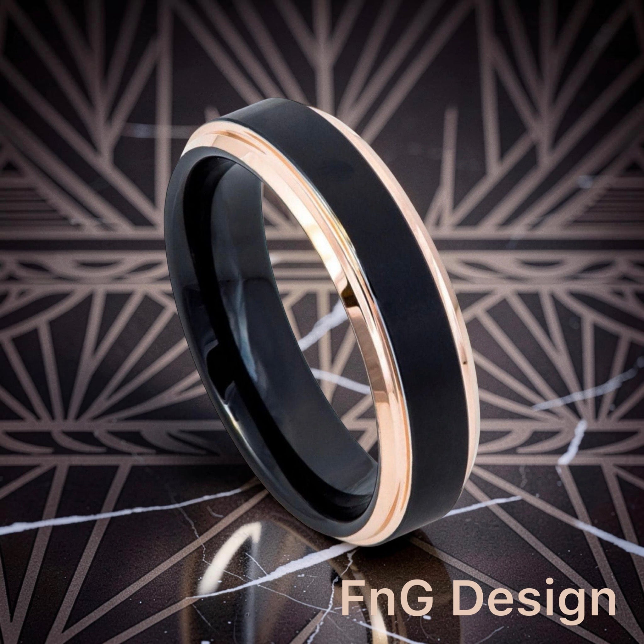 Tungsten Ring Two-Tone Black IP Rose Gold IP Brushed Center Stepped Edge – 6mm