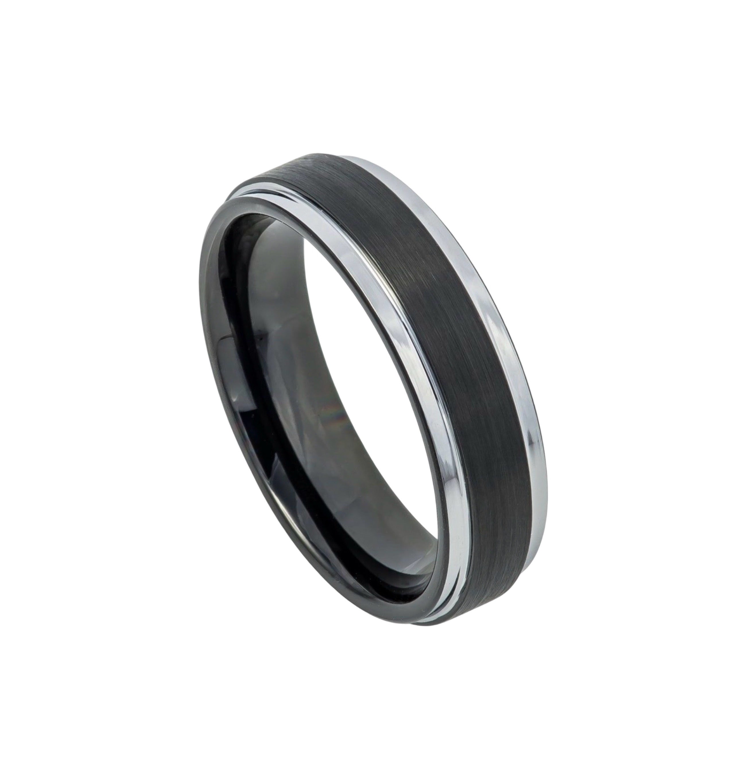 Tungsten Ring Two-tone Black IP Brushed Center Steel Color Stepped Edge – 6mm