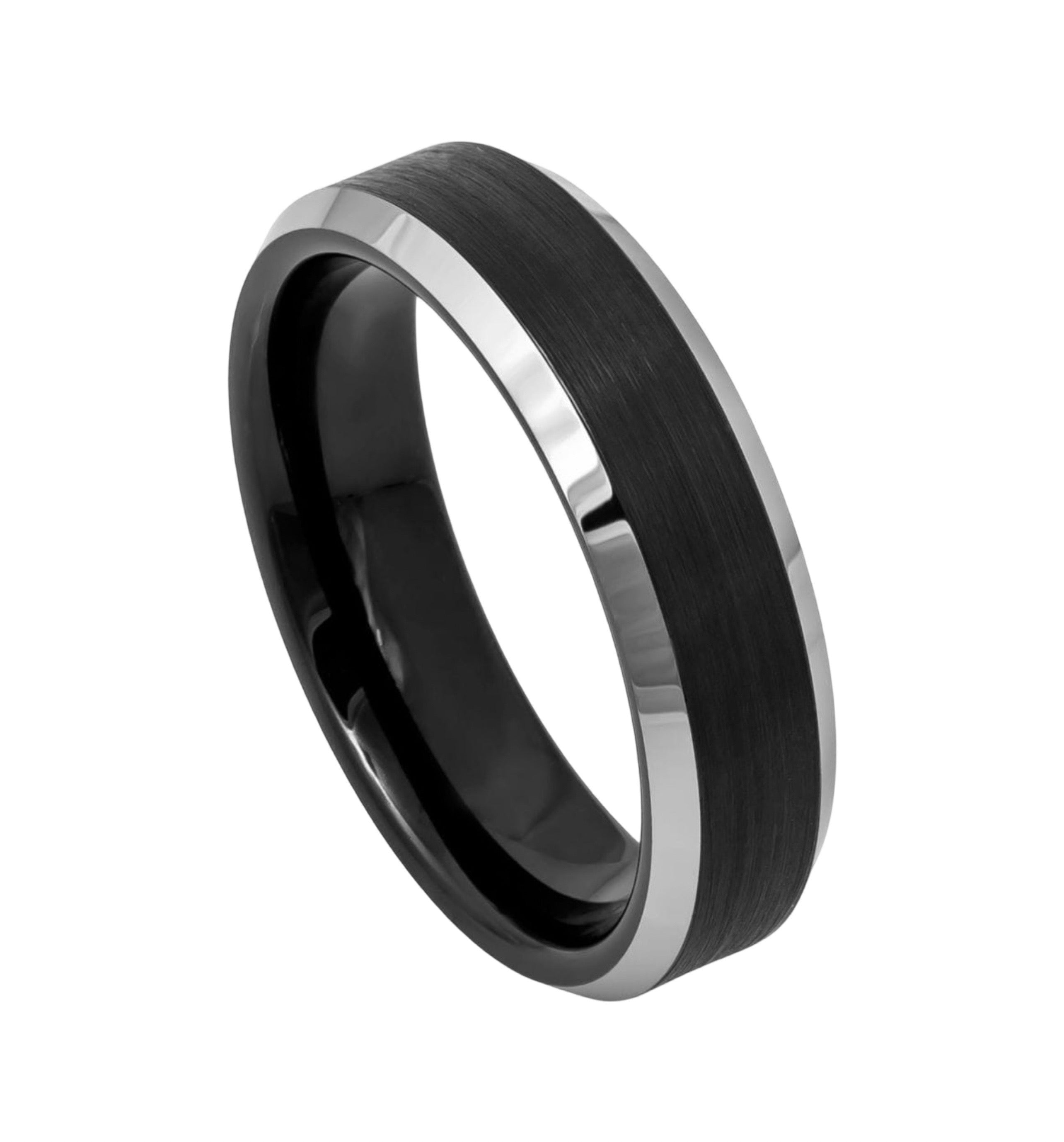 Tungsten Ring Black IP Plated Brushed Center High Polished Steel Color Beveled Edge – 6mm