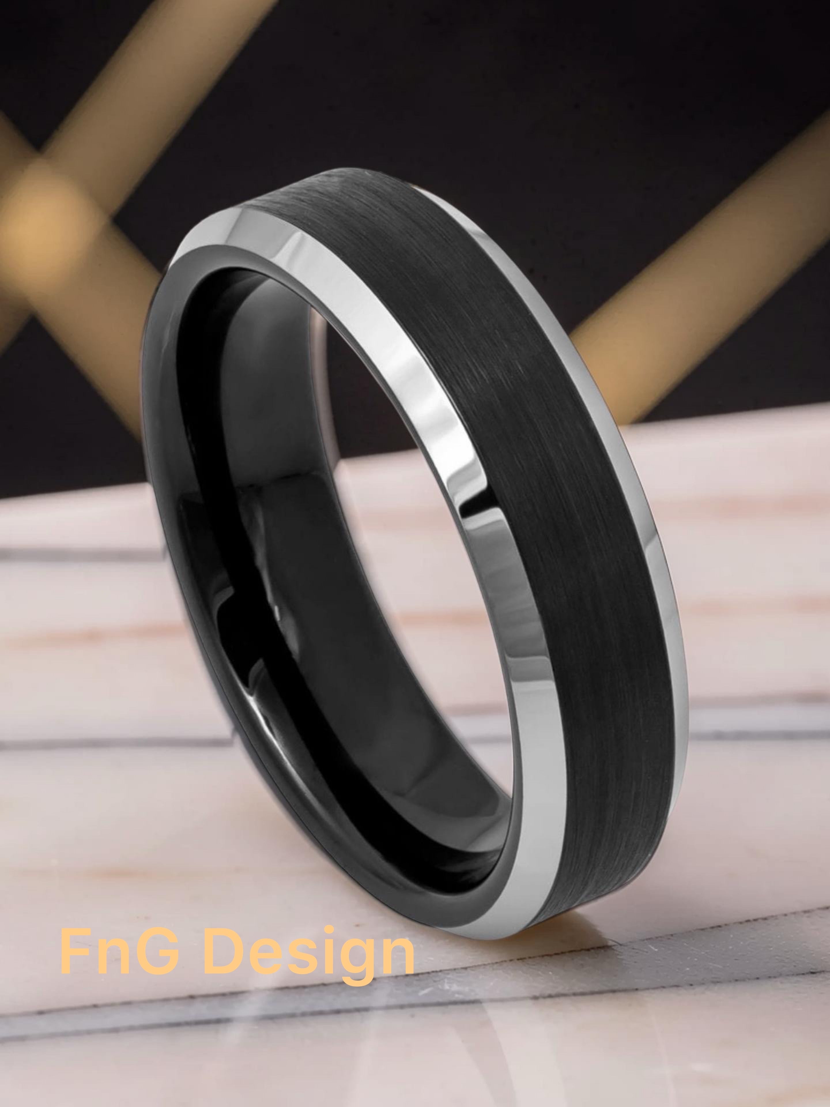 Tungsten Ring Black IP Plated Brushed Center High Polished Steel Color Beveled Edge – 6mm