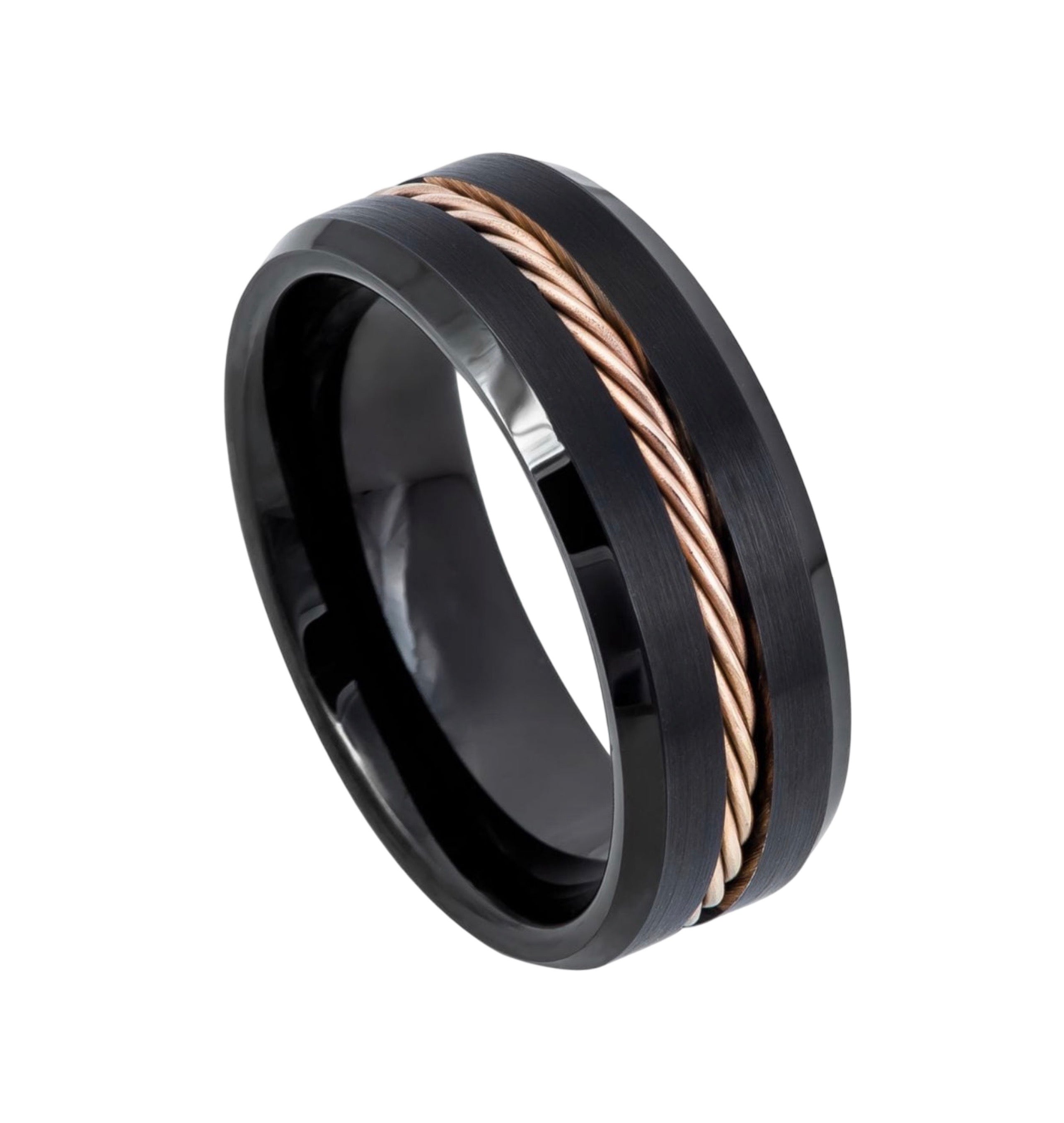 Tungsten Ring Black IP Beveled Edge with Rose Gold IP Plated Rope Inlay – 8mm