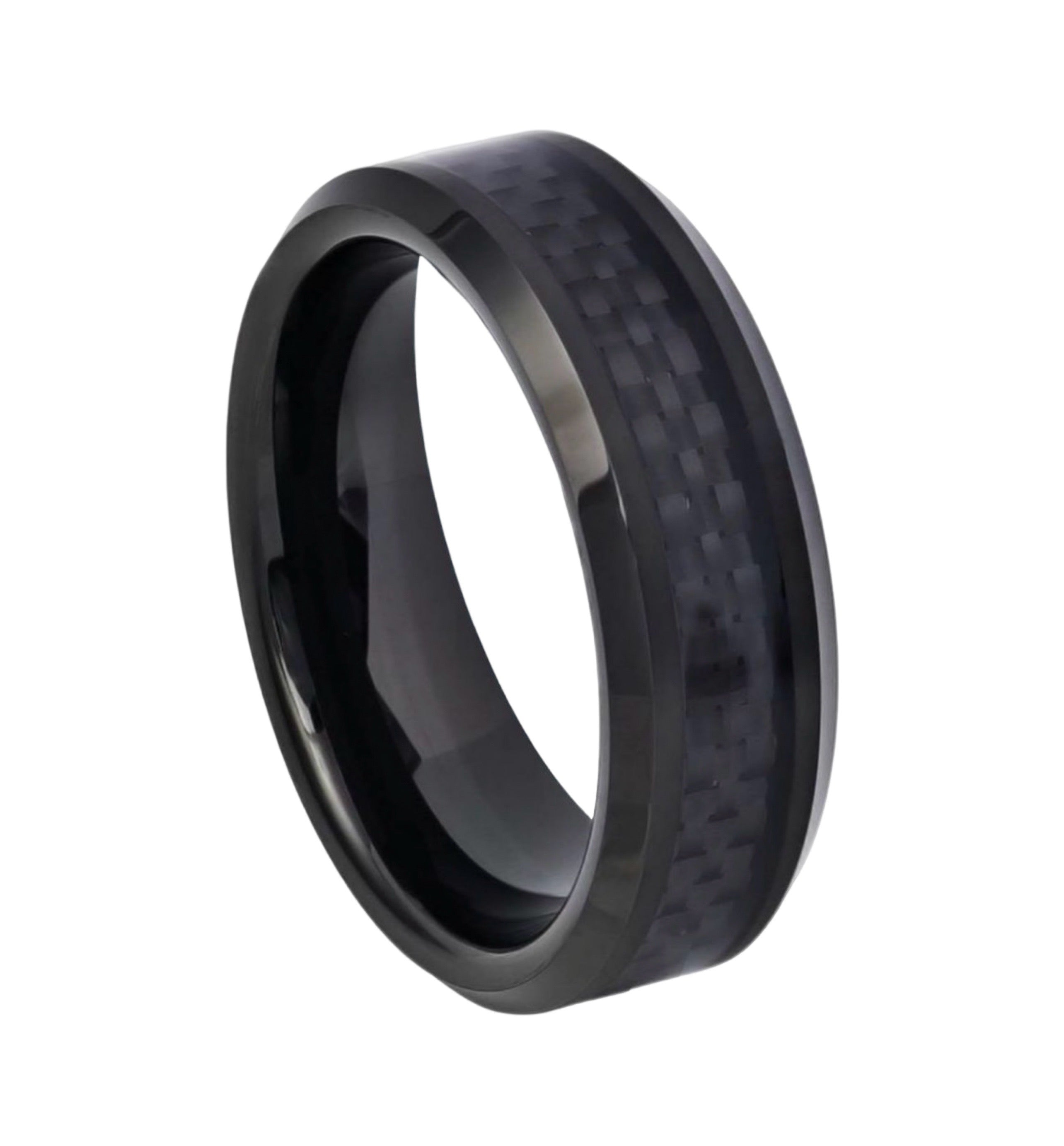 Tungsten Ring High Polished Black IP Plated with Black Carbon Fiber Inlay Beveled Edge – 6mm