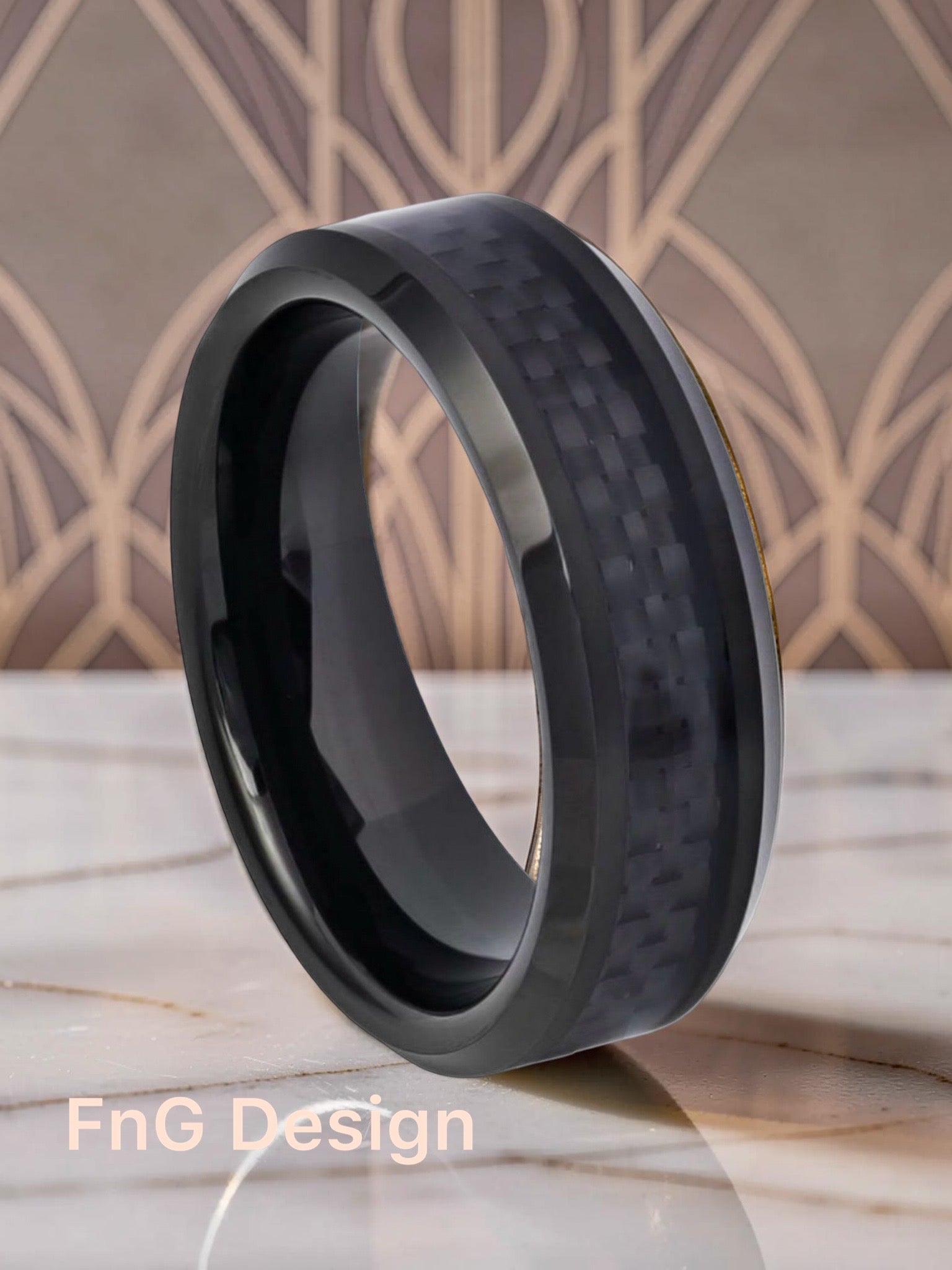 Tungsten Ring High Polished Black IP Plated with Black Carbon Fiber Inlay Beveled Edge – 6mm