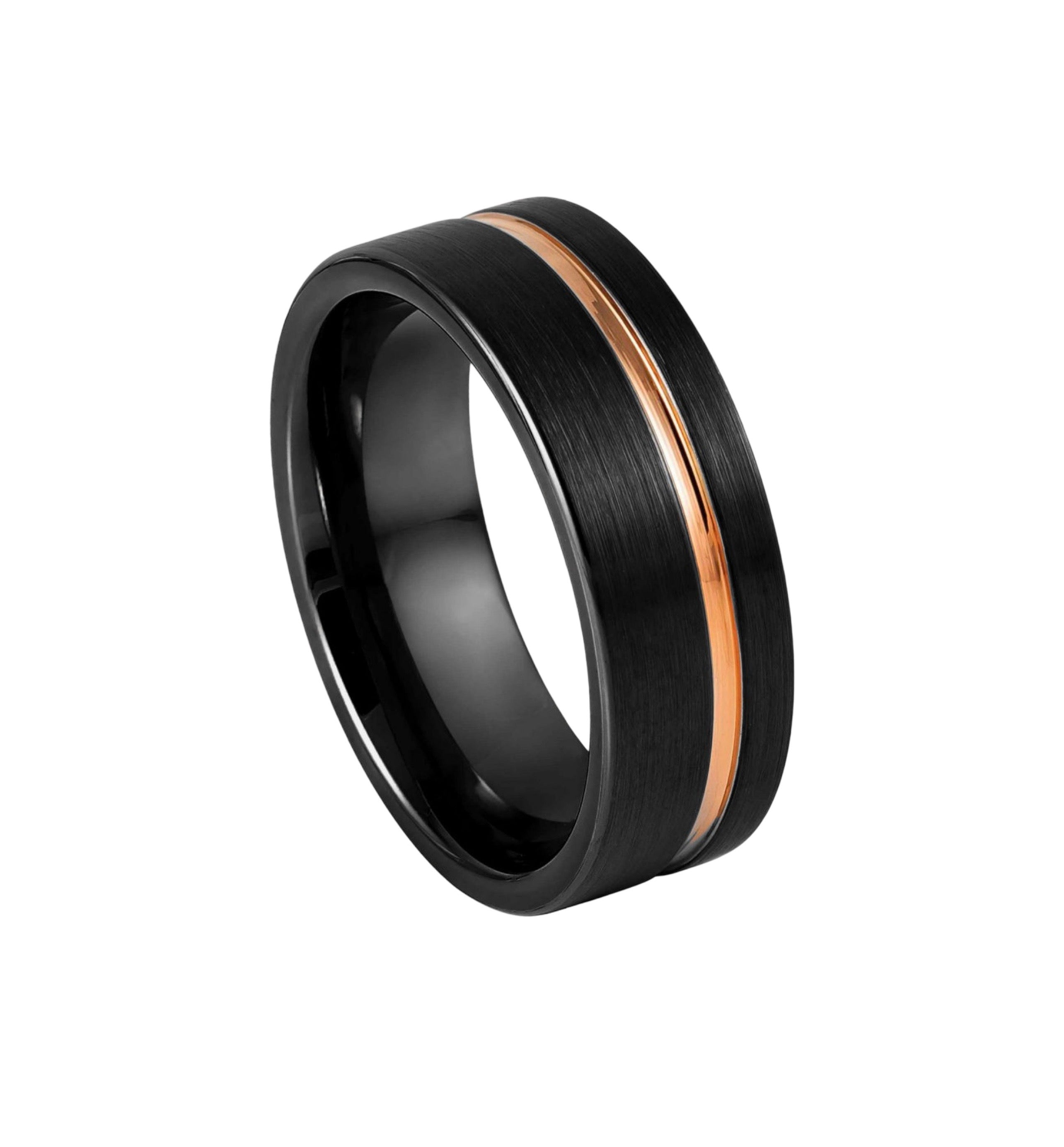 Tungsten Ring Black IP Brushed Pipe-cut with Off-center Rose Gold IP Groove – 8mm