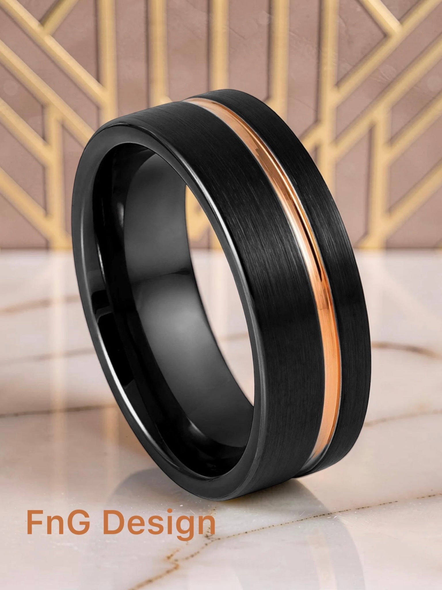 Tungsten Ring Black IP Brushed Pipe-cut with Off-center Rose Gold IP Groove – 8mm