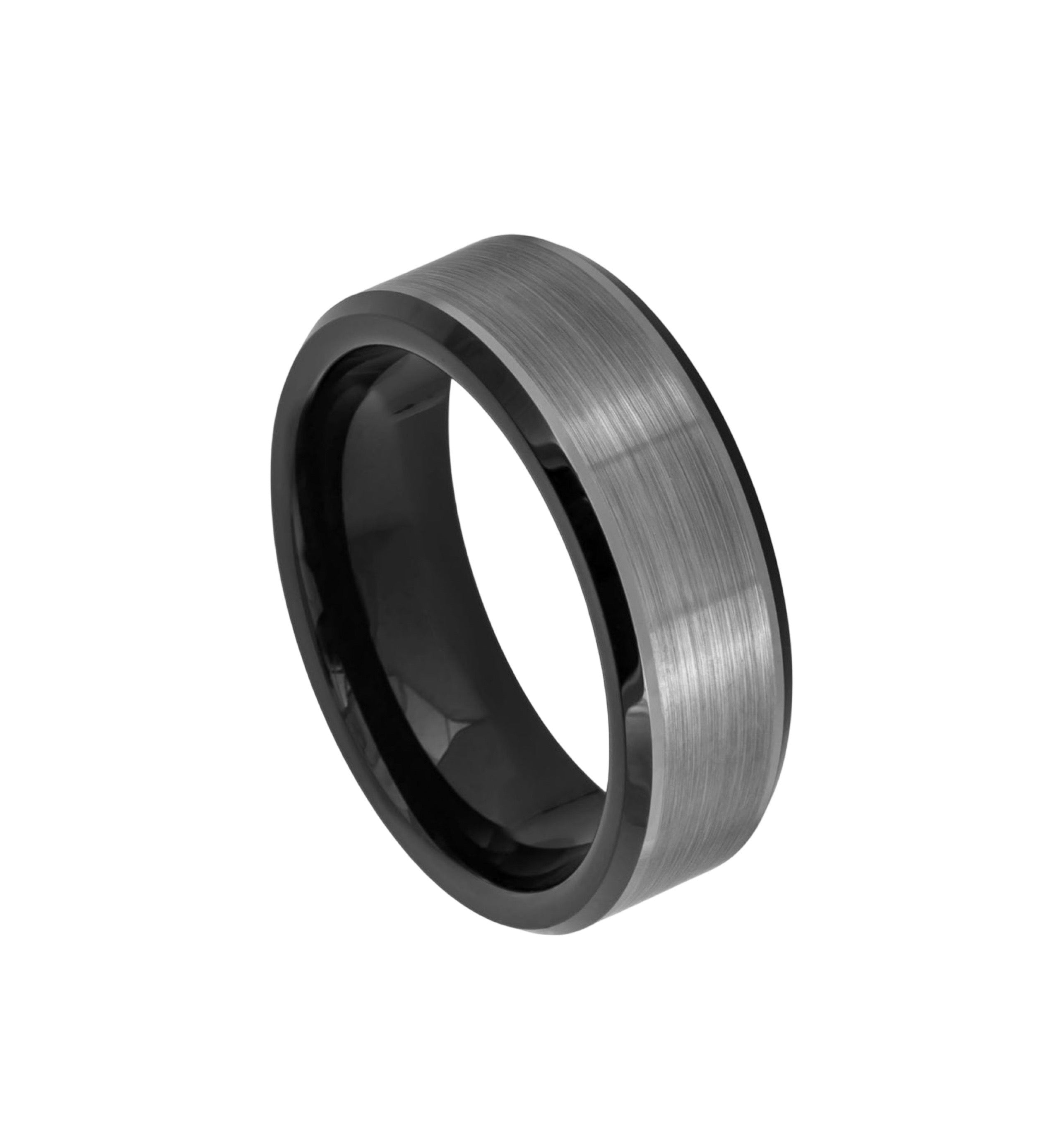 Tungsten Ring Two-tone Black IP Plated Brushed Center Beveled Edge – 8mm