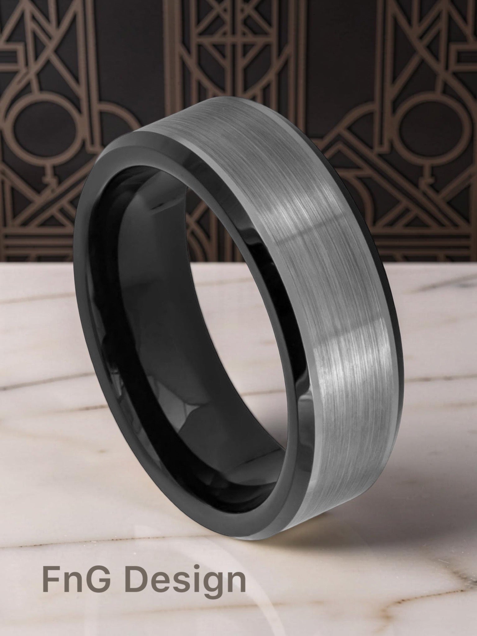 Tungsten Ring Two-tone Black IP Plated Brushed Center Beveled Edge – 8mm