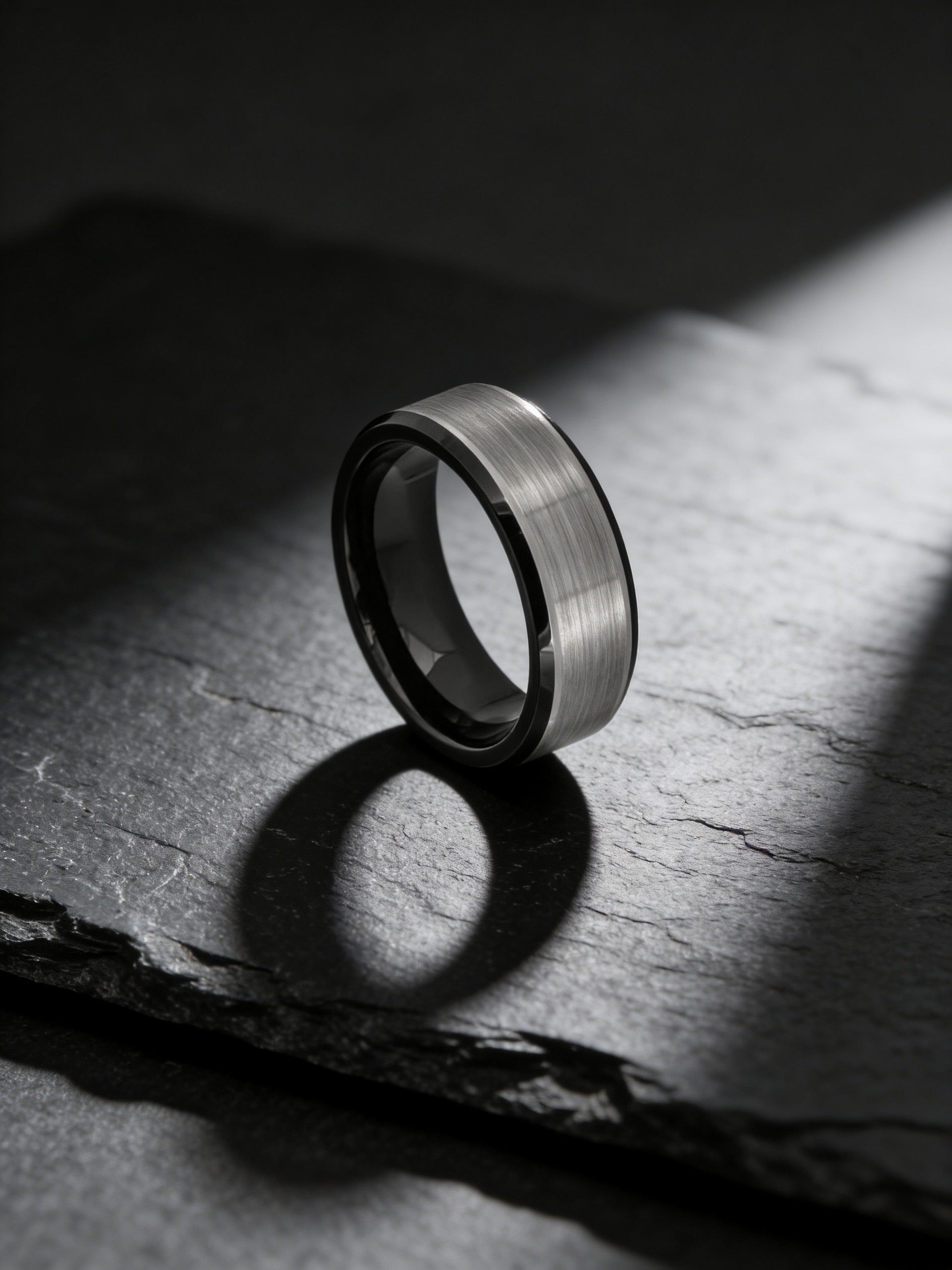 Tungsten Ring Two-tone Black IP Plated Brushed Center Beveled Edge – 8mm