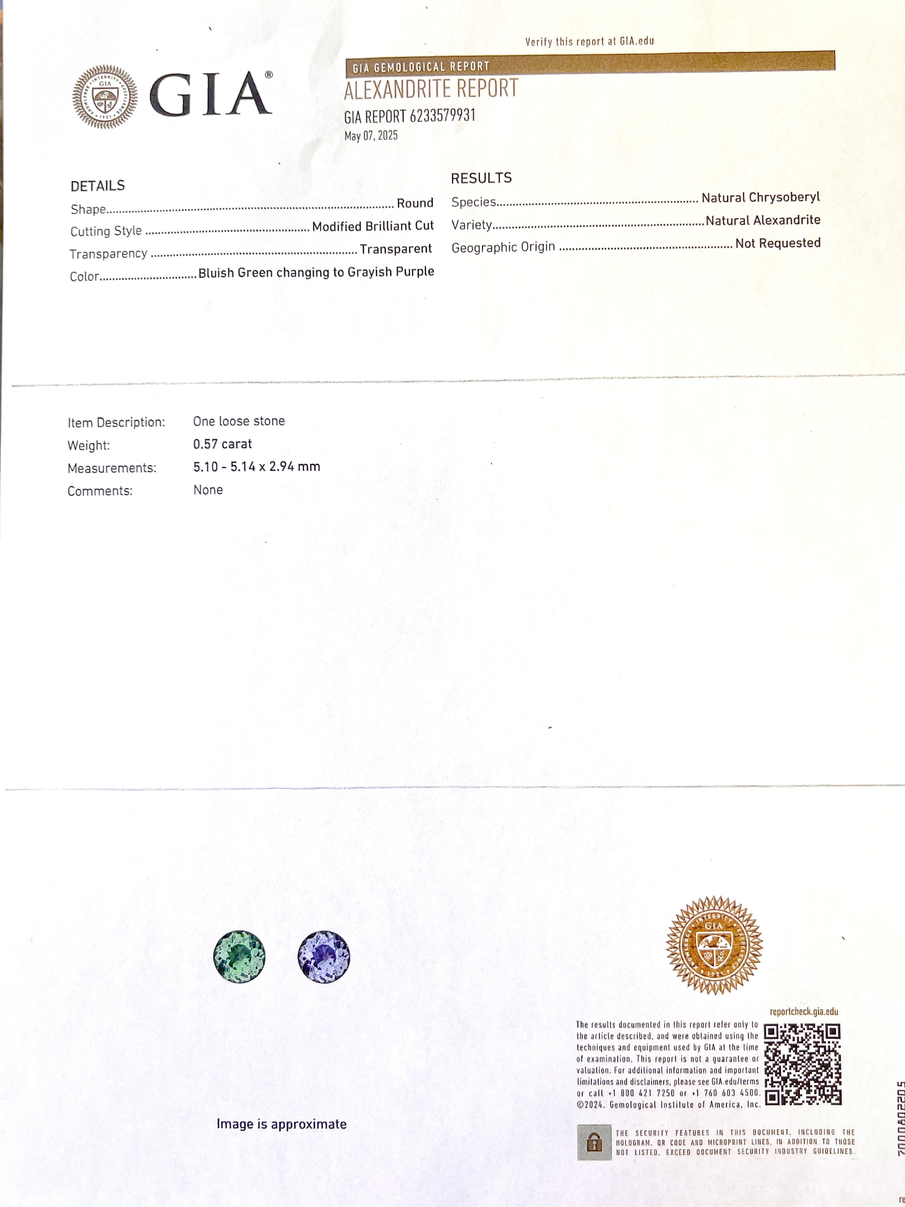 0.57 Carats Alexandrite Bluish-Green Color Change GIA (Certified) & 0.92 Carats Diamond VS2 Set In 14K White Gold Ring