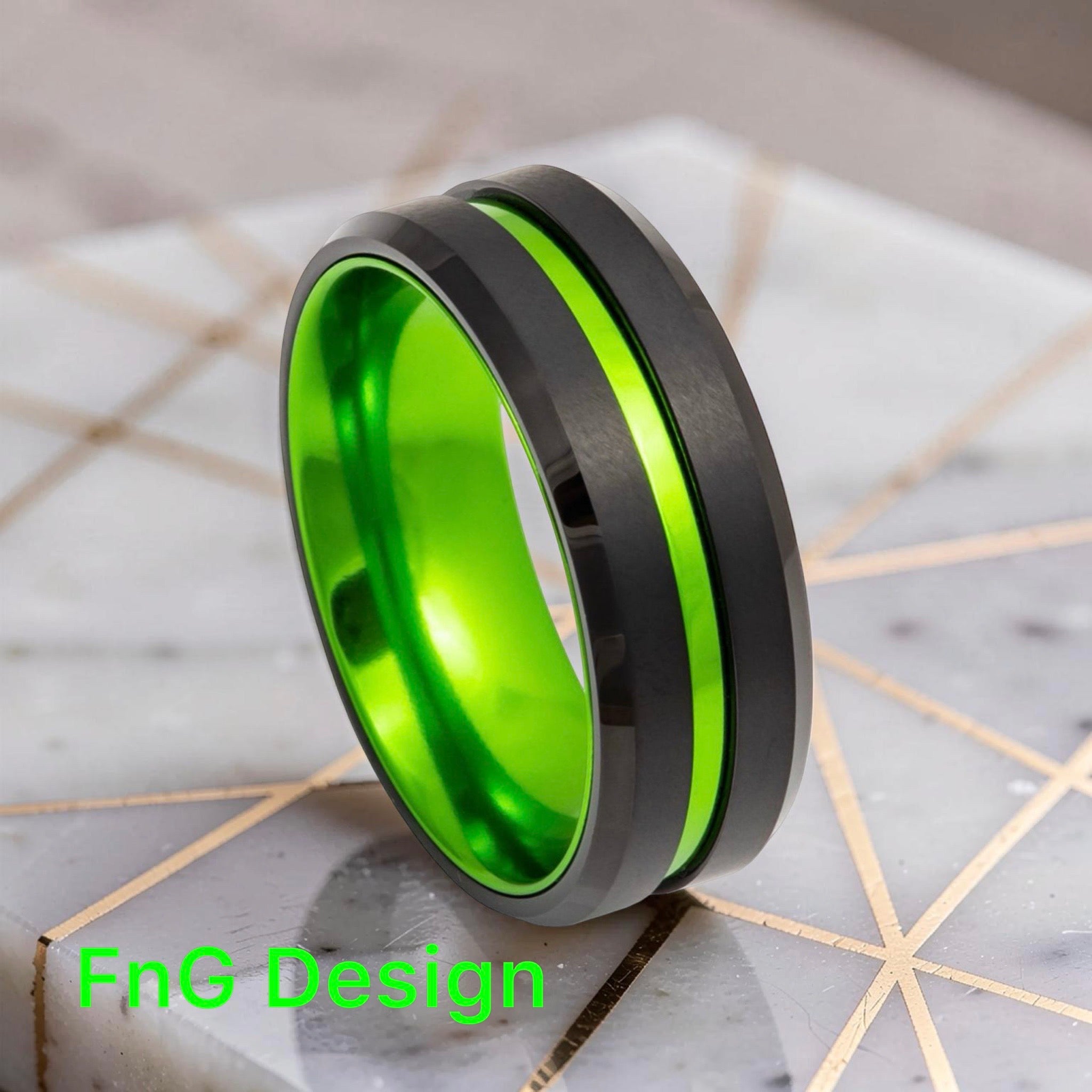 Tungsten Ring Black IP Plated, Grooved Center with Green Anodized Aluminum Sleeve - 8mm