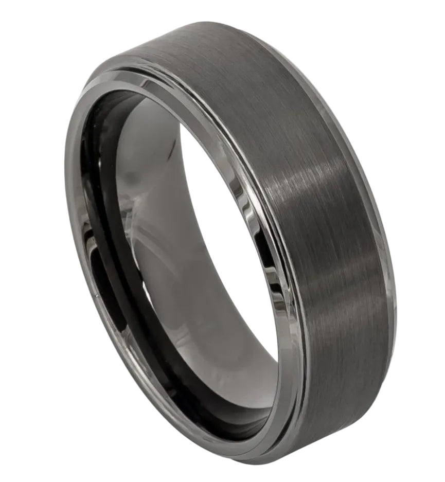 Tungsten Ring Gun Metal IP Plated Brushed Center High Polish Stepped/Beveled Edge 8mm