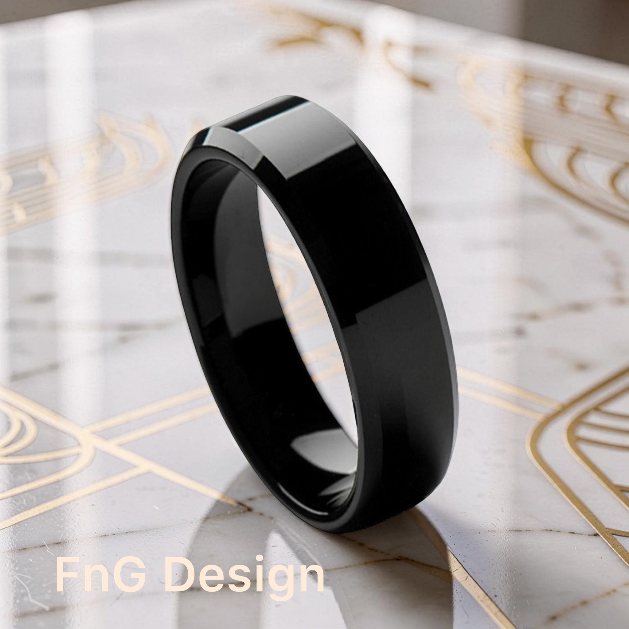 Tungsten Ring Flat High Polished Black IP Plated Beveled Edge – 6mm