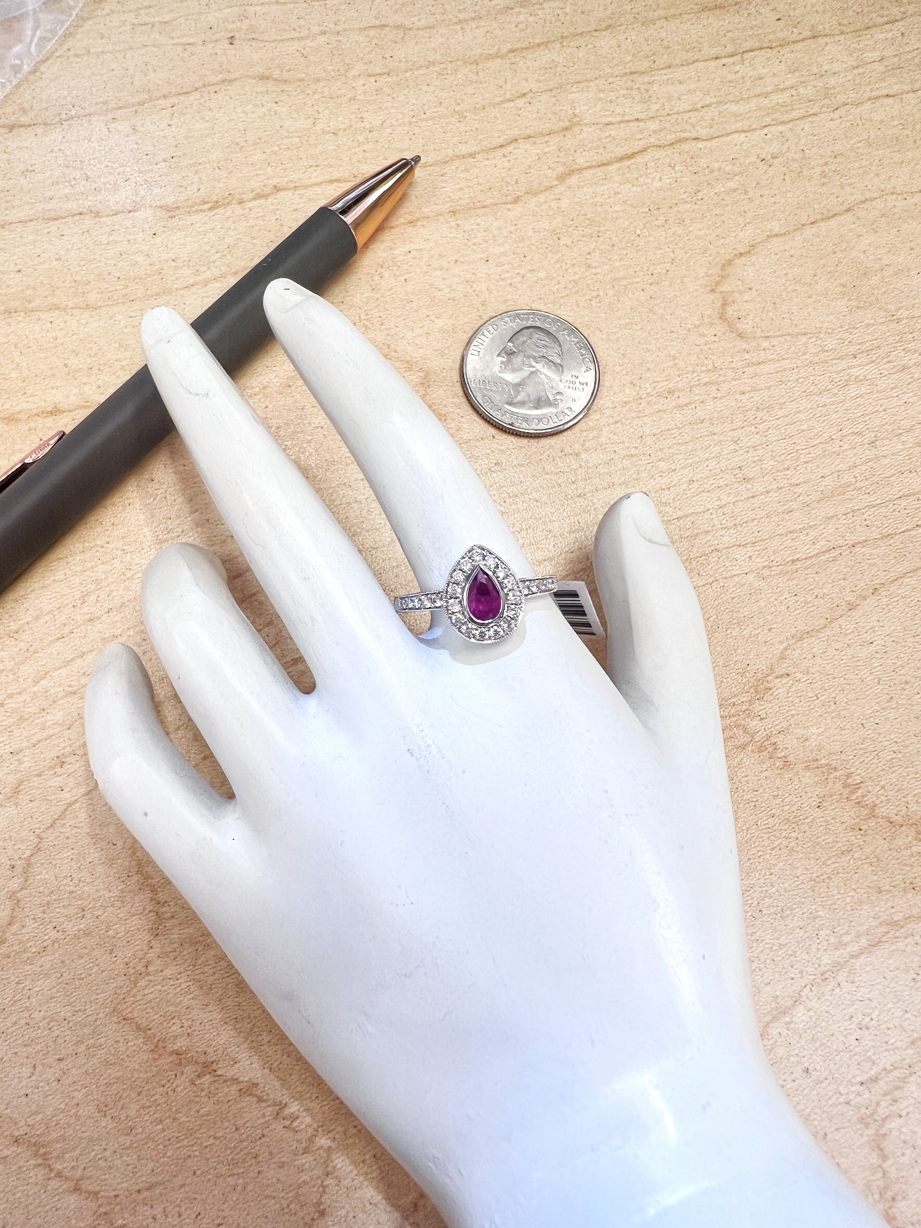 0.26 Carats Diamond VS2 & 0.39 Carats Red Ruby Pear Shape Set In 14 Karat White Gold Ring