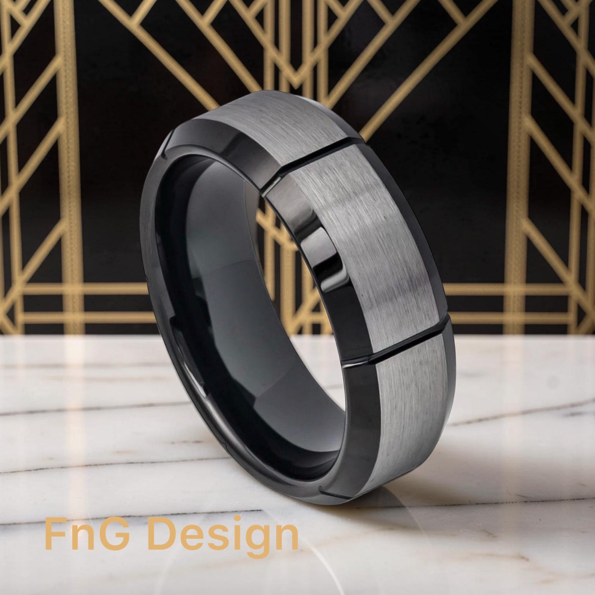 Tungsten Ring Two-tone Brushed Center with Multiple Vertical Grooves Black IP Beveled Edge – 8mm
