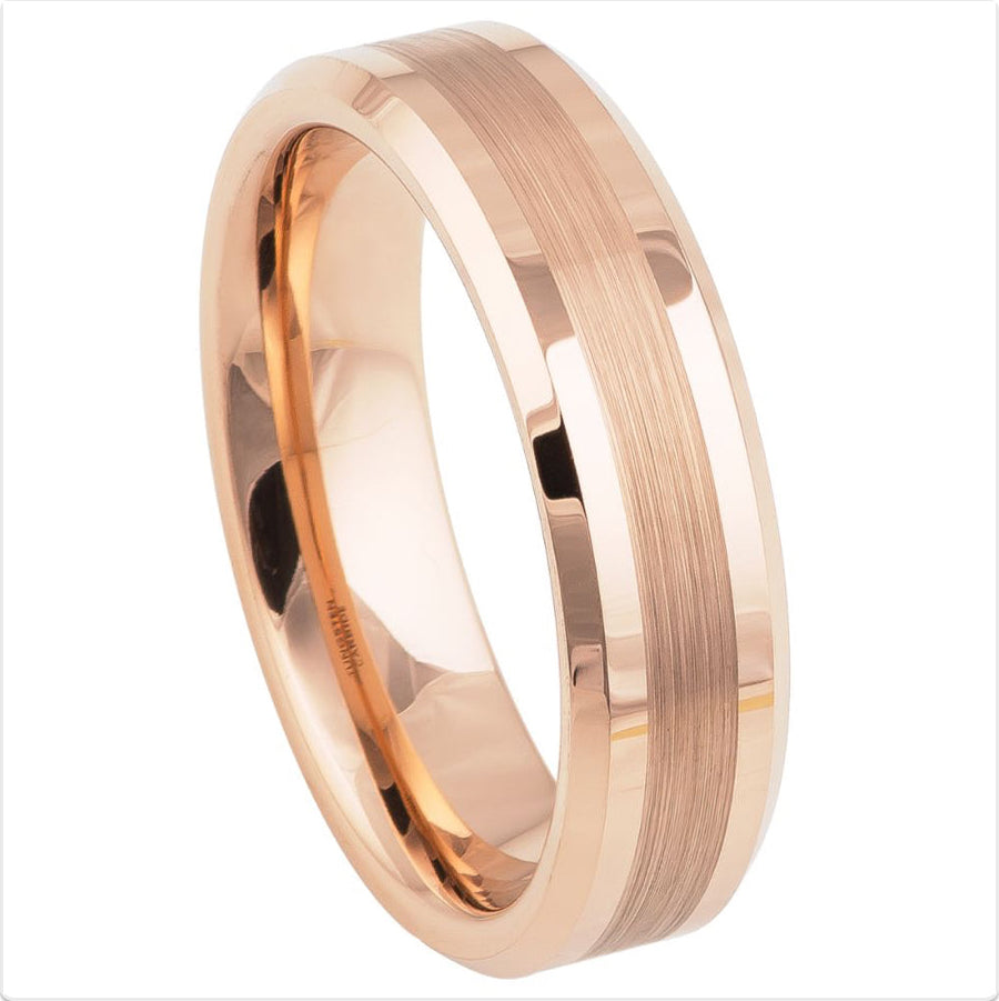 Tungsten Ring Rose Gold IP Plated Brushed Center High Polished Beveled Edge – 6mm