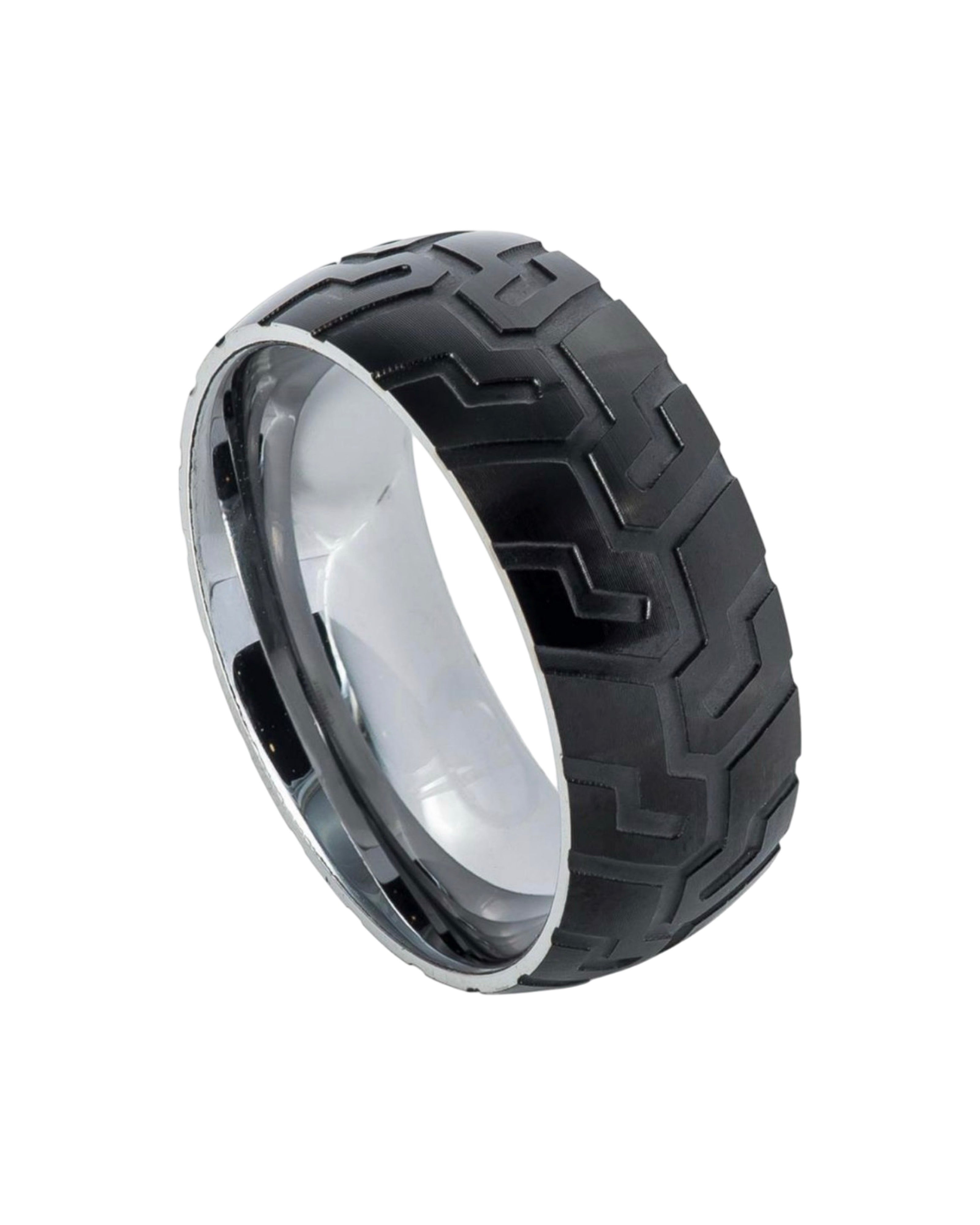 Tungsten Ring Semi-domed Ring with Black IP Plated with Super Sleek Tire Tread Laser Carved Pattern 9mm