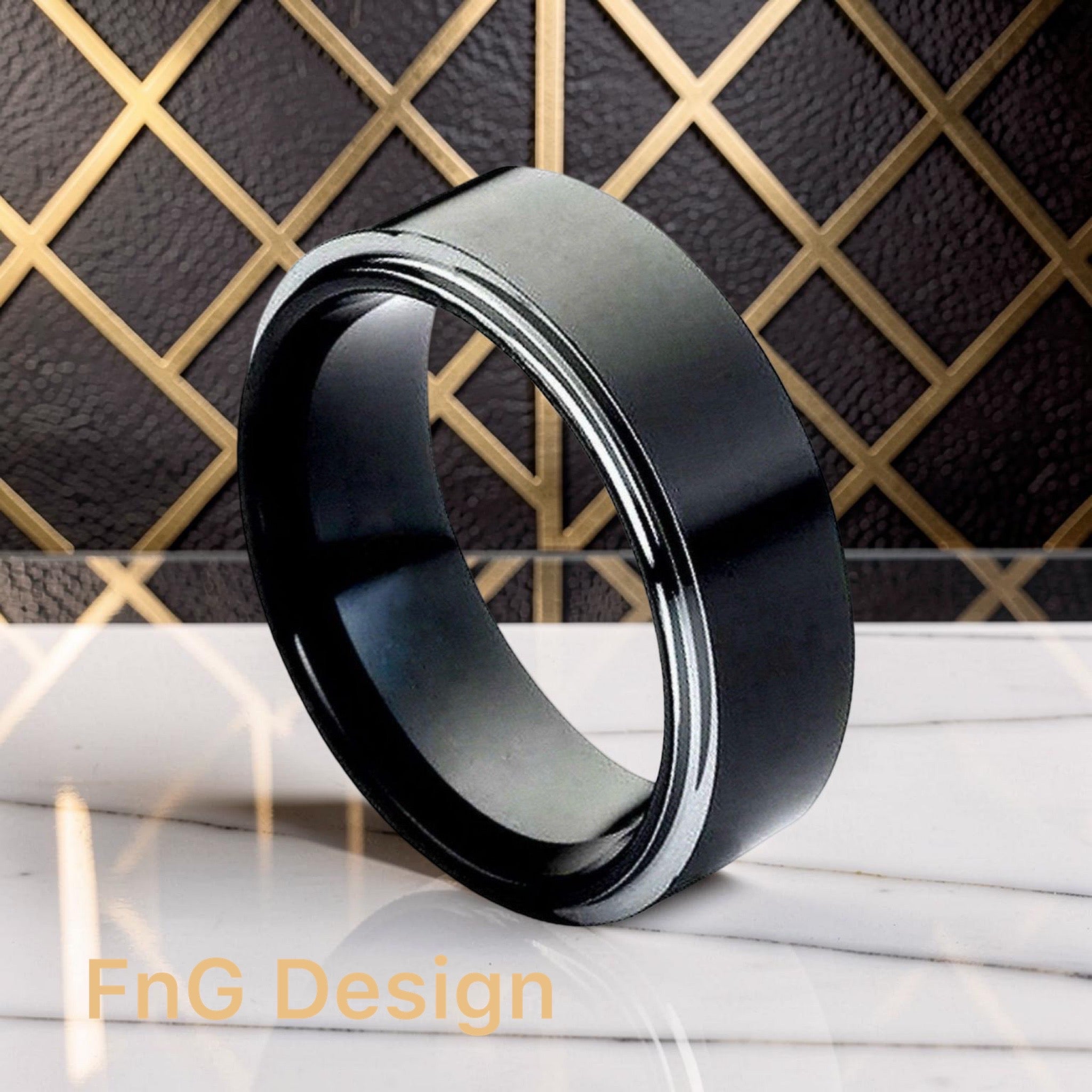 Tungsten Ring High Polished Black IP Plated Stepped Edge – 8mm