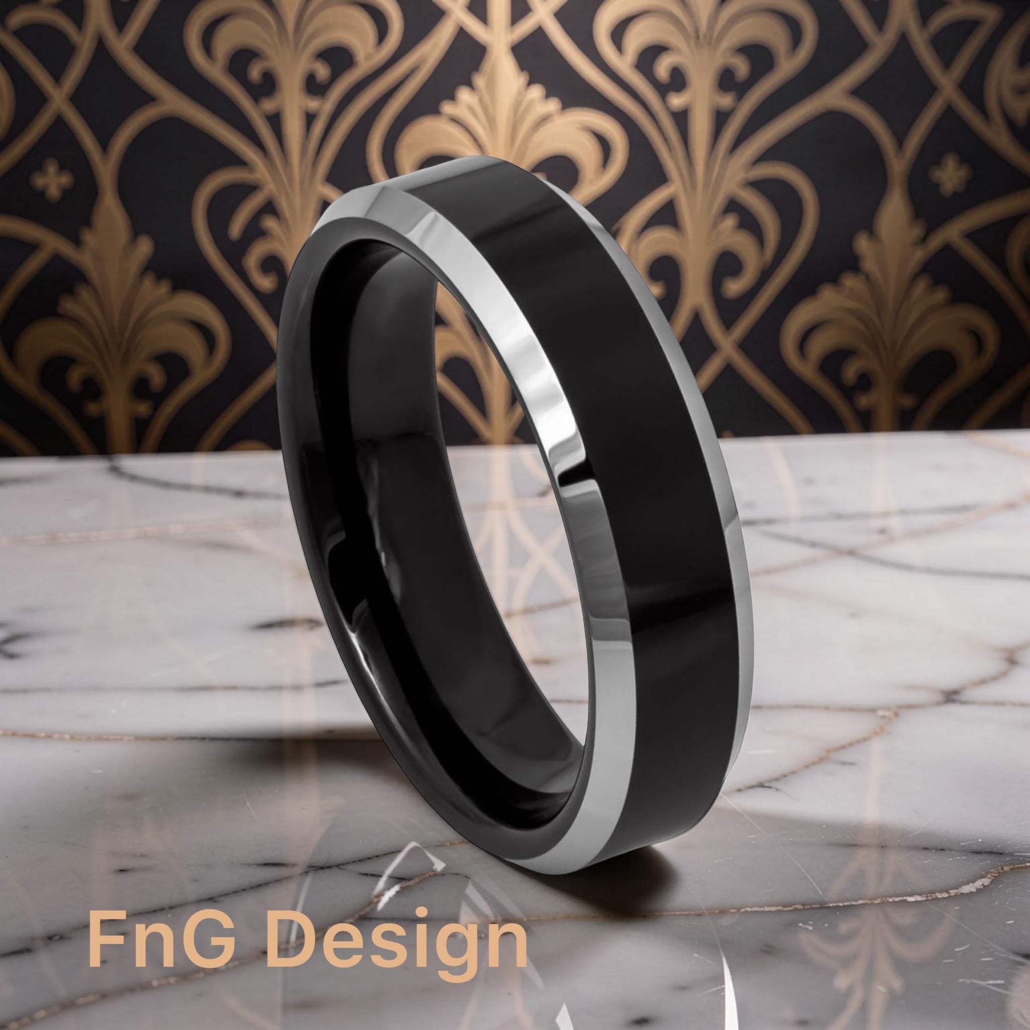 Tungsten Ring Black IP Plated Center High Polished Steel Color Beveled Edge – 6mm