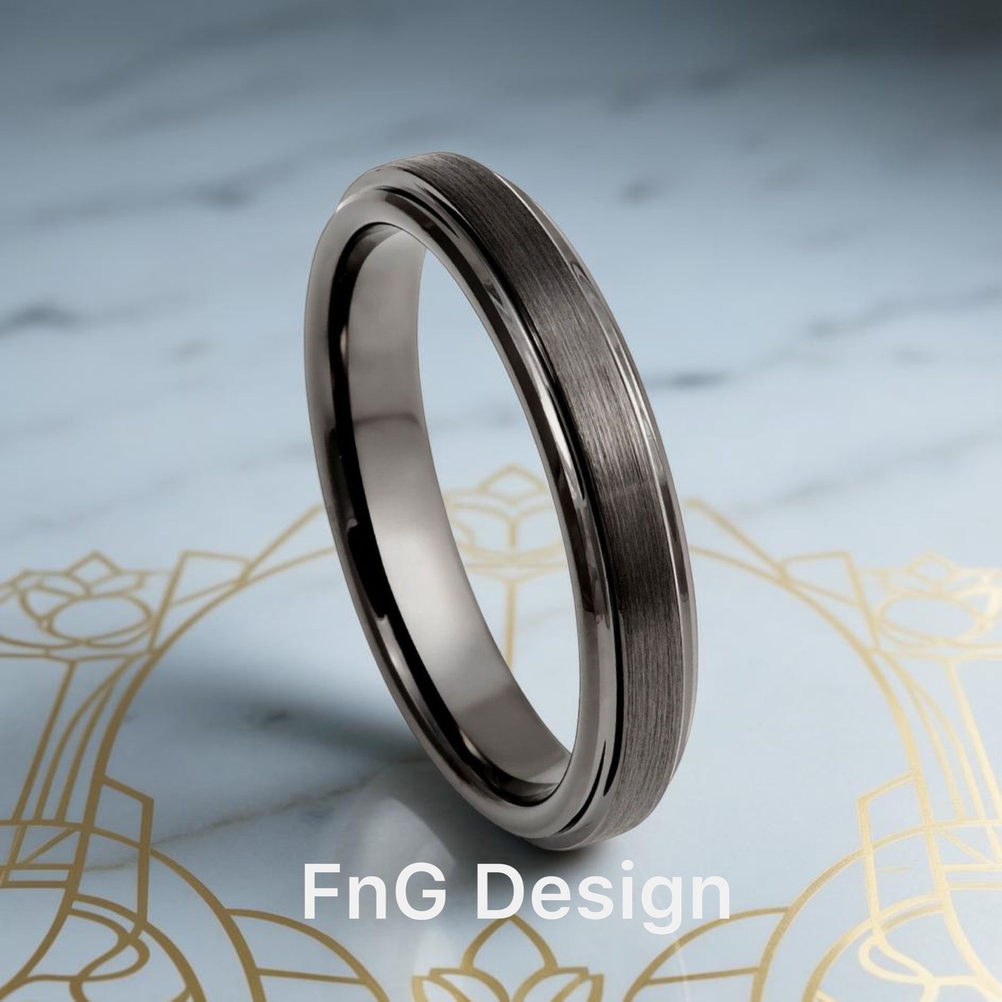 Tungsten Ring Gun Metal IP Plated Brushed Center High Polish Stepped/Beveled Edge 4mm