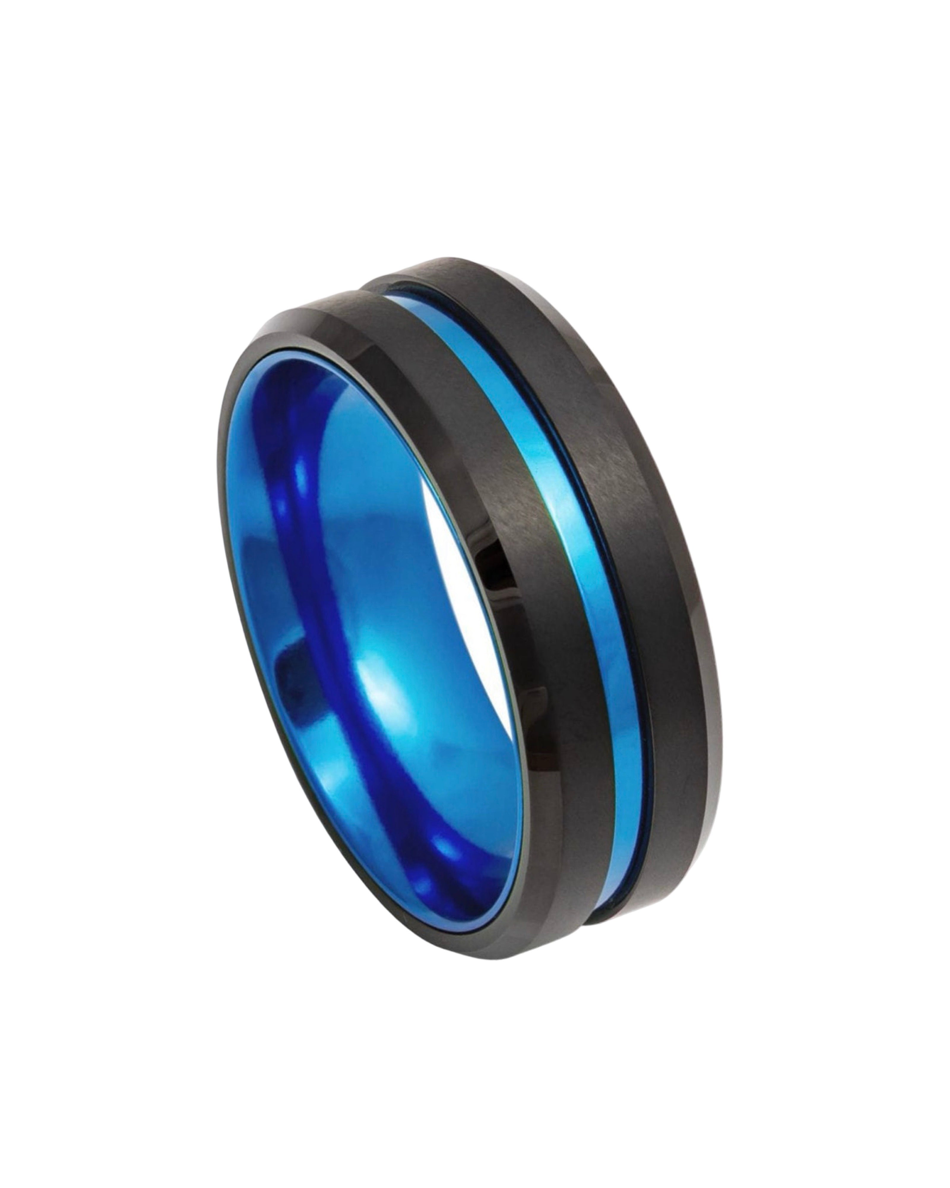 Tungsten Ring Black IP Plated, Grooved Center with Blue Anodized Aluminum Sleeve - 8mm