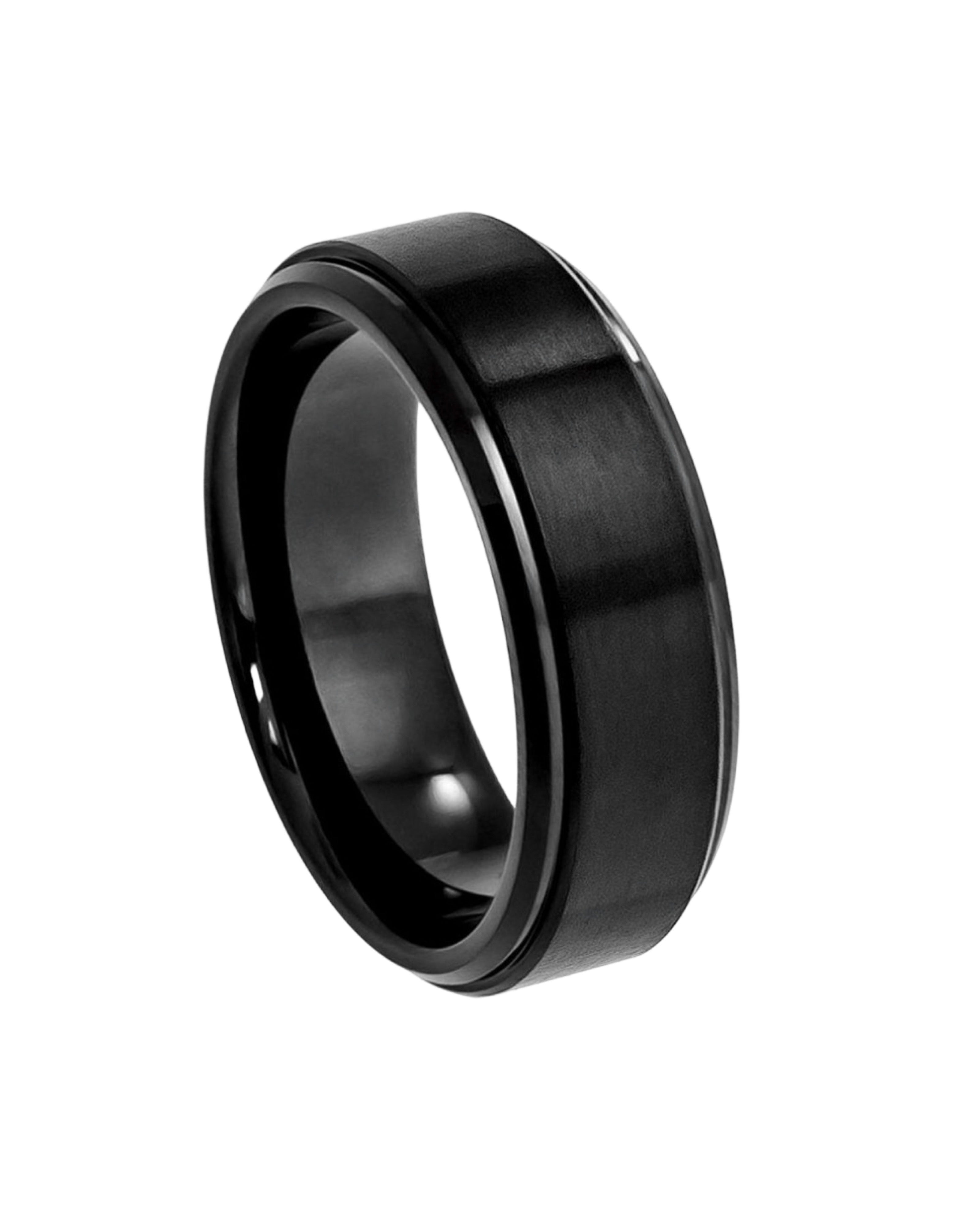 Tungsten Ring Black IP Plated Flat Brushed Center with High Polished Stepped Edge – 8mm