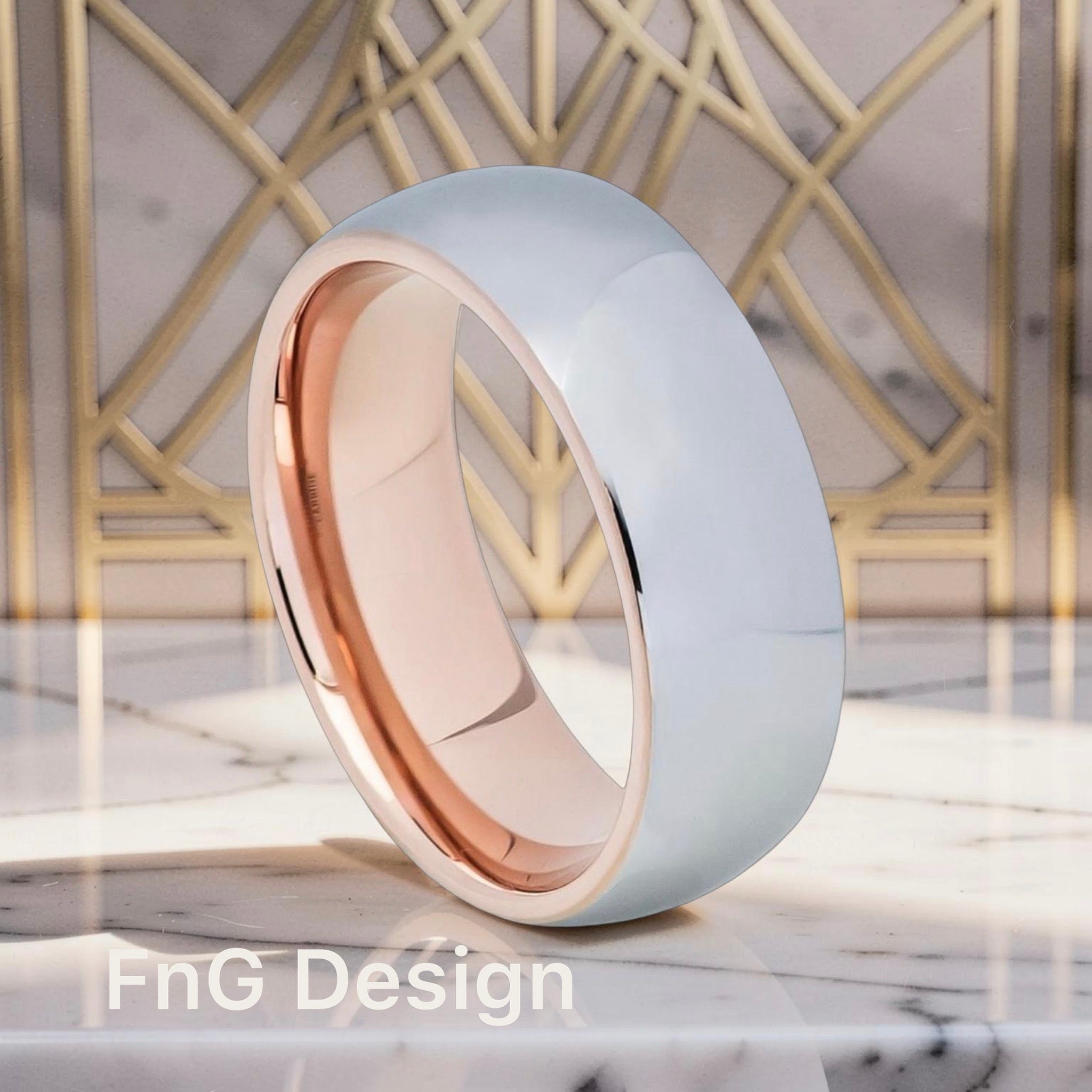 Tungsten Ring Brushed Gun Metal Finish, High Polished Rose Gold Tone IP Plated Beveled Edge Inside – 8mm