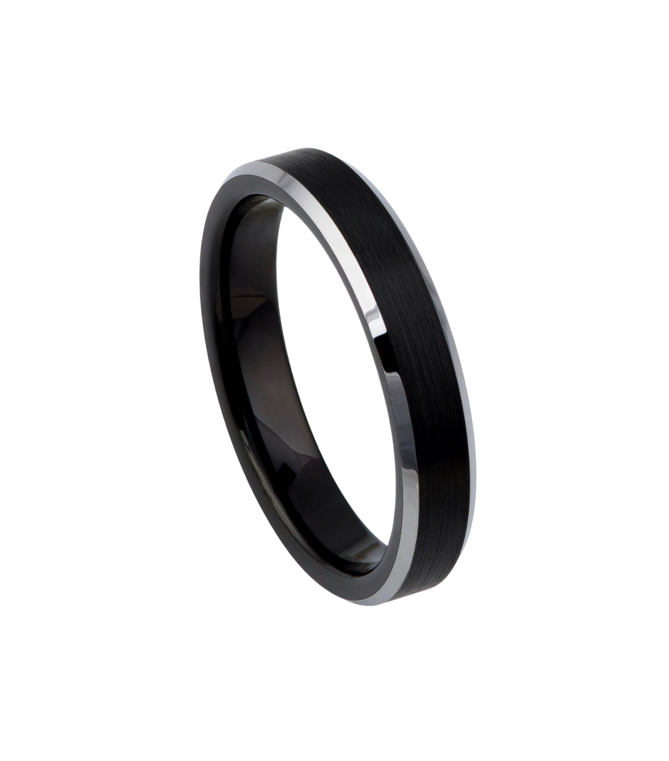 Tungsten Ring Black IP Plated Brushed Center High Polished Steel Color Beveled Edge – 4mm