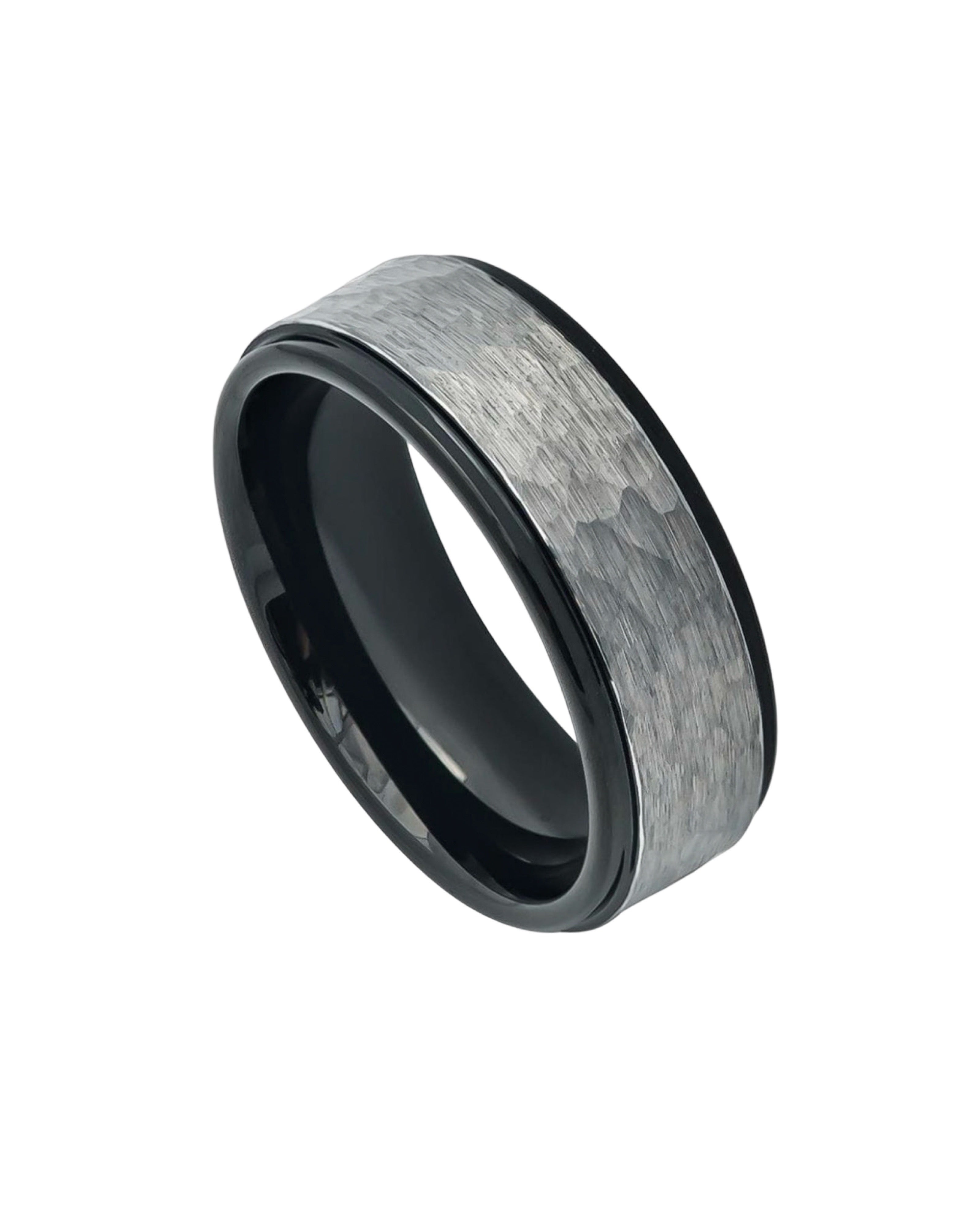 Tungsten Ring Two-tone Hammered Gun Metal Brushed Finish Black IP Inner Ring Stepped Edge – 8mm