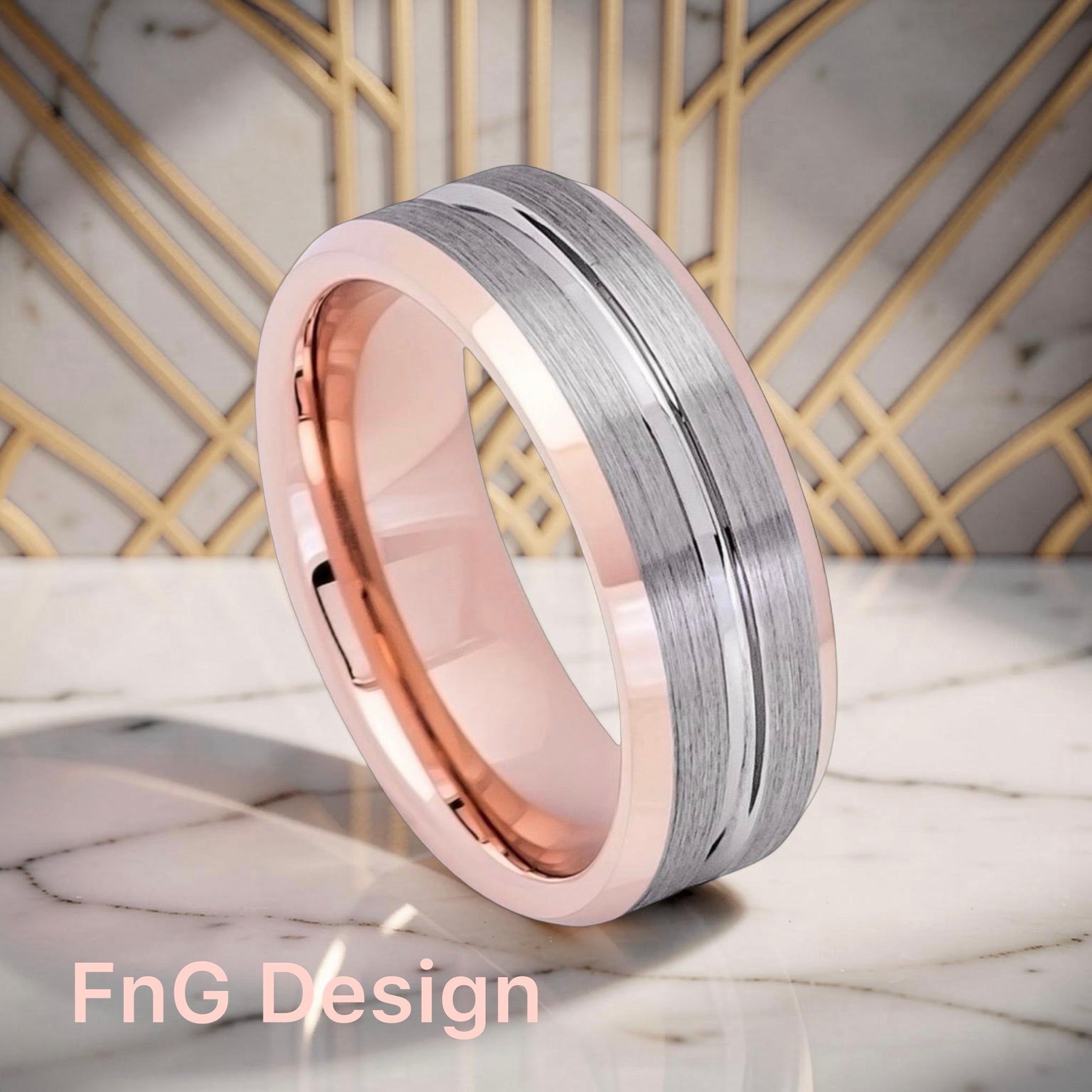 Tungsten Ring Rose Gold IP Plated Inside Gun Metal Grooved Brushed Center – 8mm