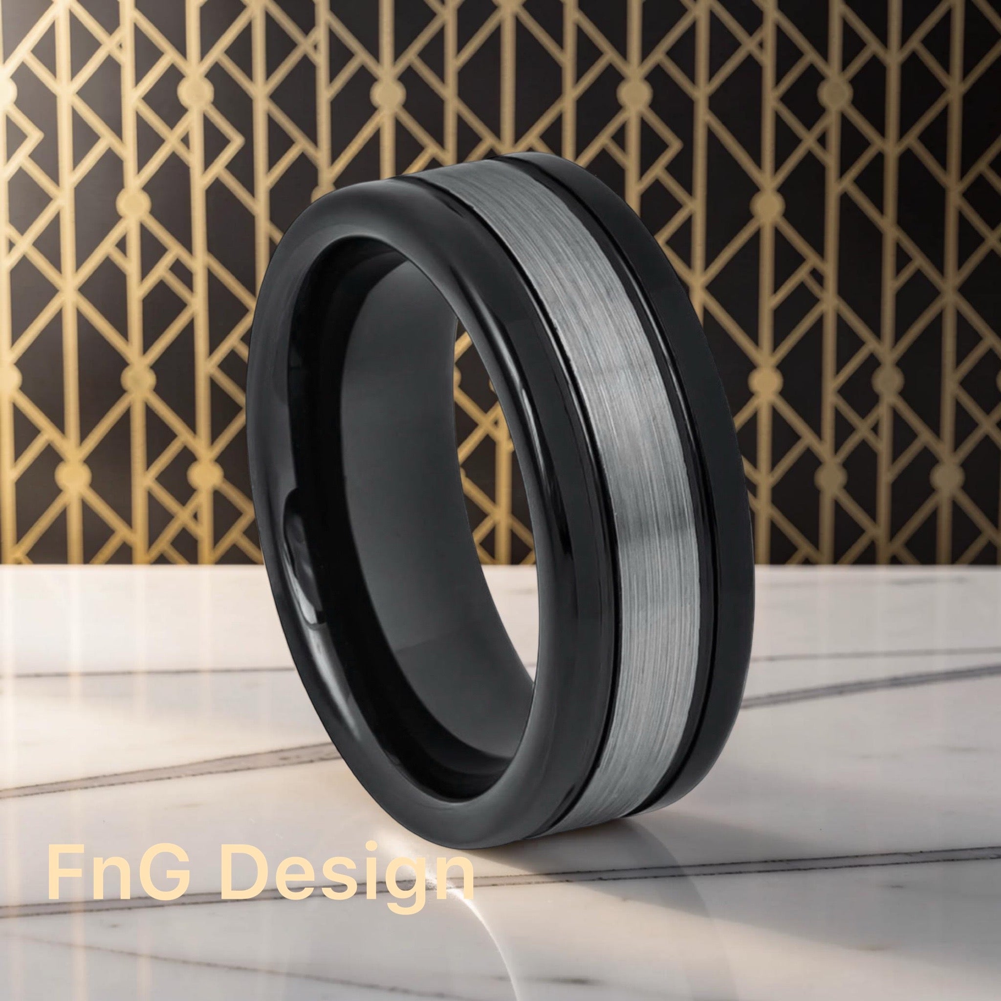 Tungsten Ring High Polished Shiny Black IP Plated Sides Dark Gray Brushed Center – 8mm