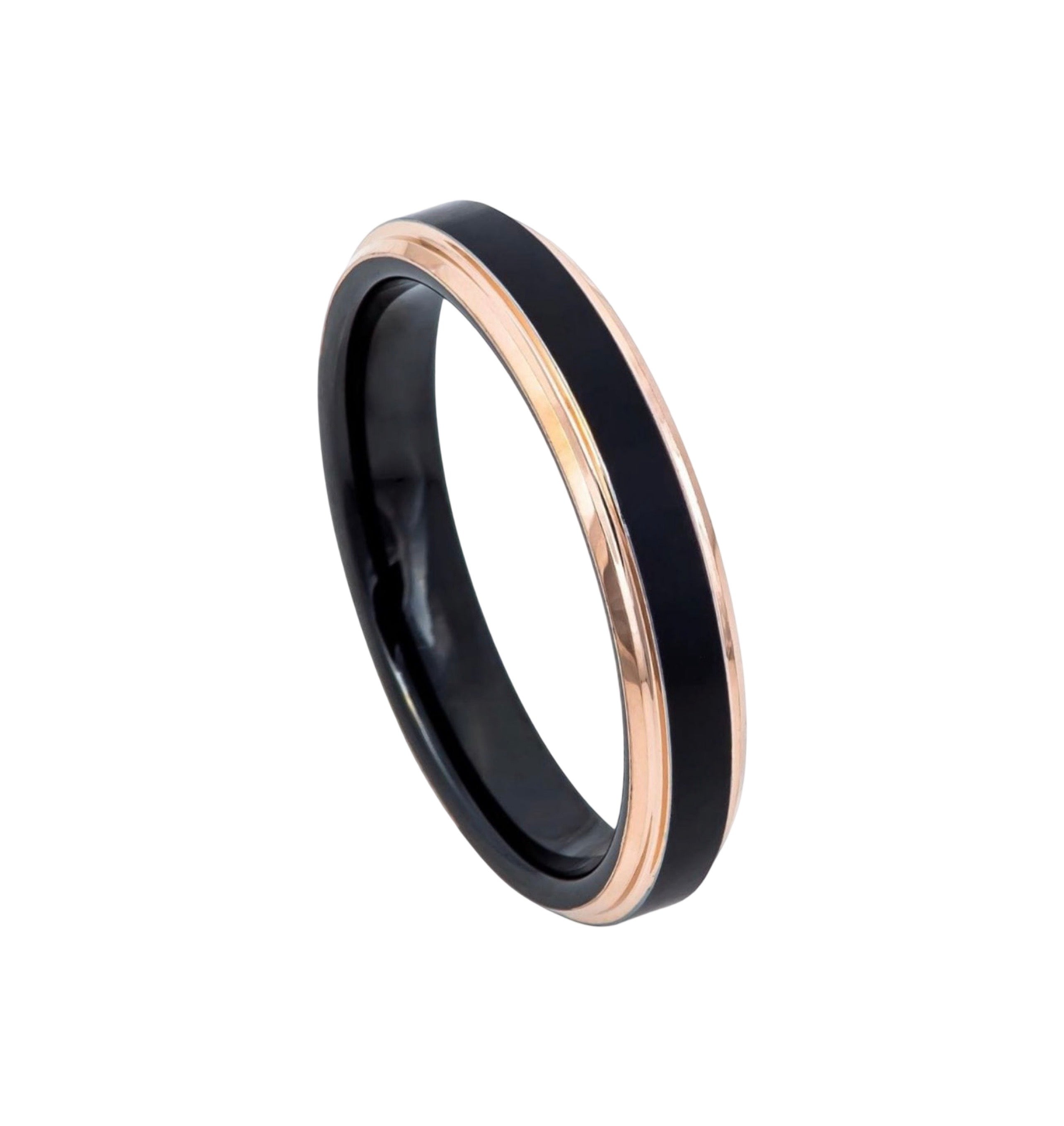 Tungsten Ring Two-Tone Black IP Rose Gold IP Brushed Center Stepped Edge – 4mm