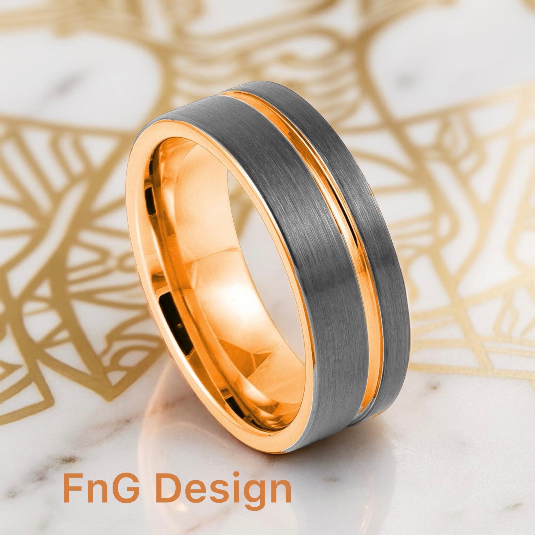 Gun Metal IP Plated with Off Center Rose Gold Plated Groove – 8mm
