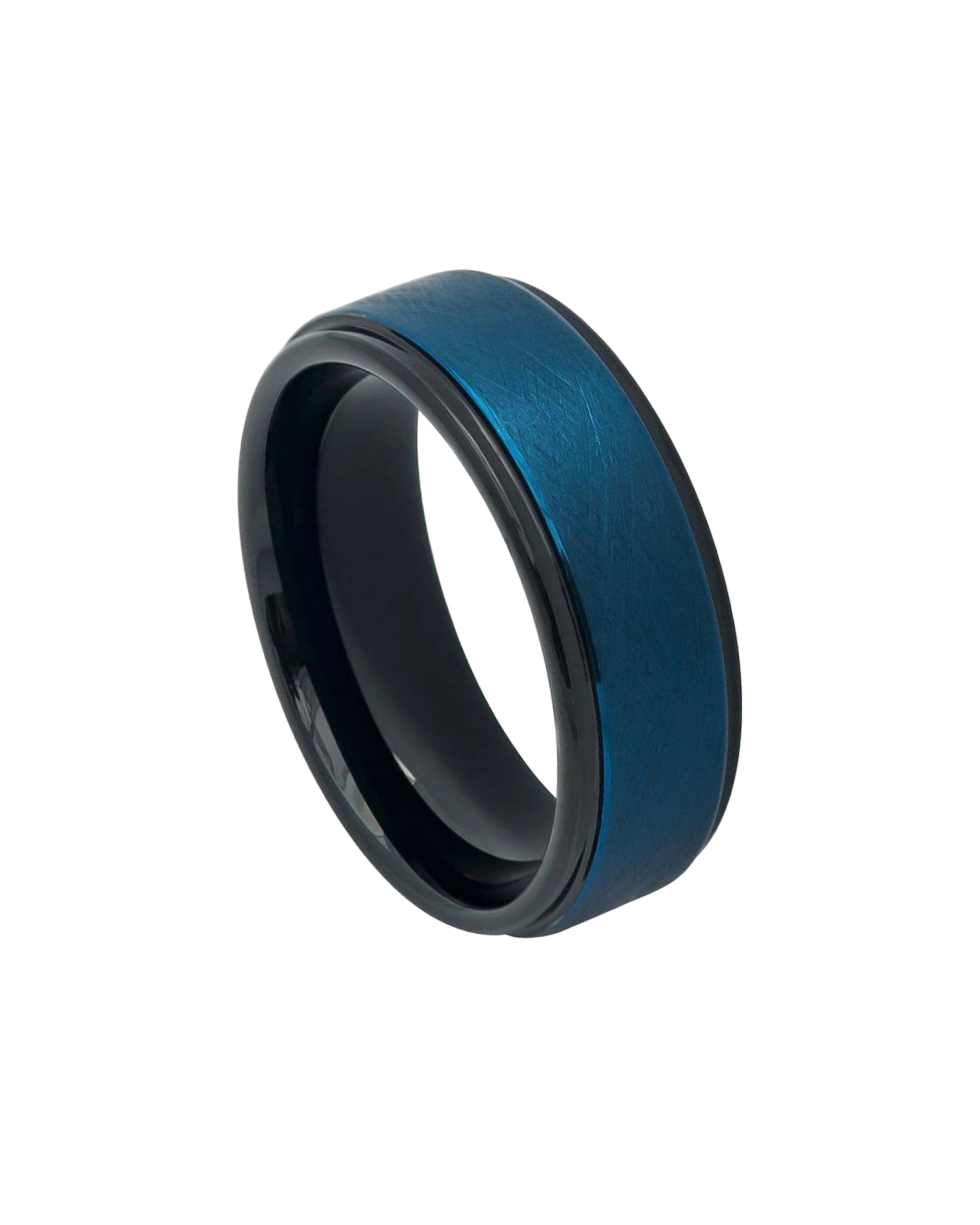 Tungsten Ring Blue Tone IP Plated Wire Brushed Finished Center High Polished Stepped Edge – 8mm