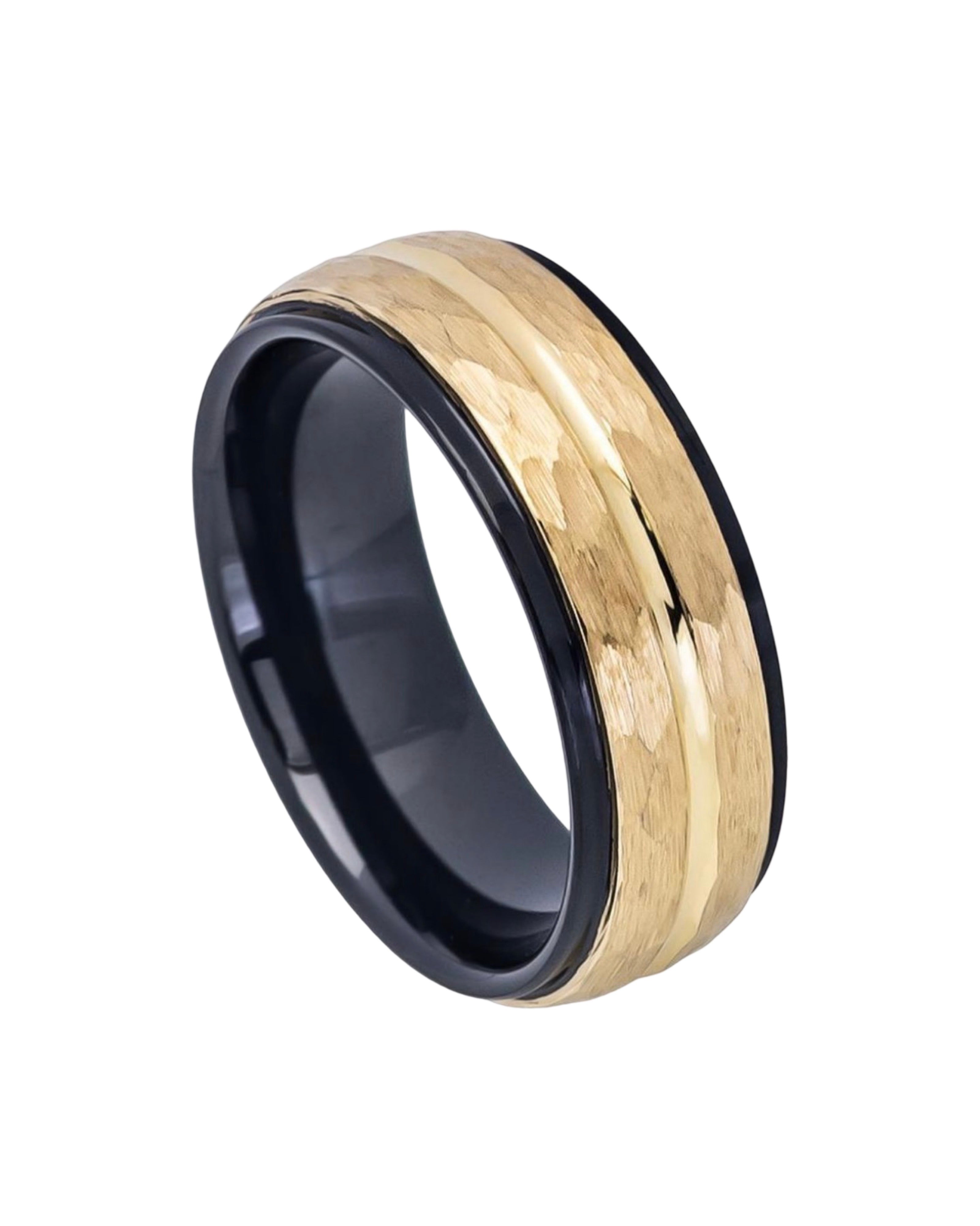 Tungsten Ring Black IP Inside & Yellow Gold IP Hammered Finish with Center Groove Stepped Edge – 8mm