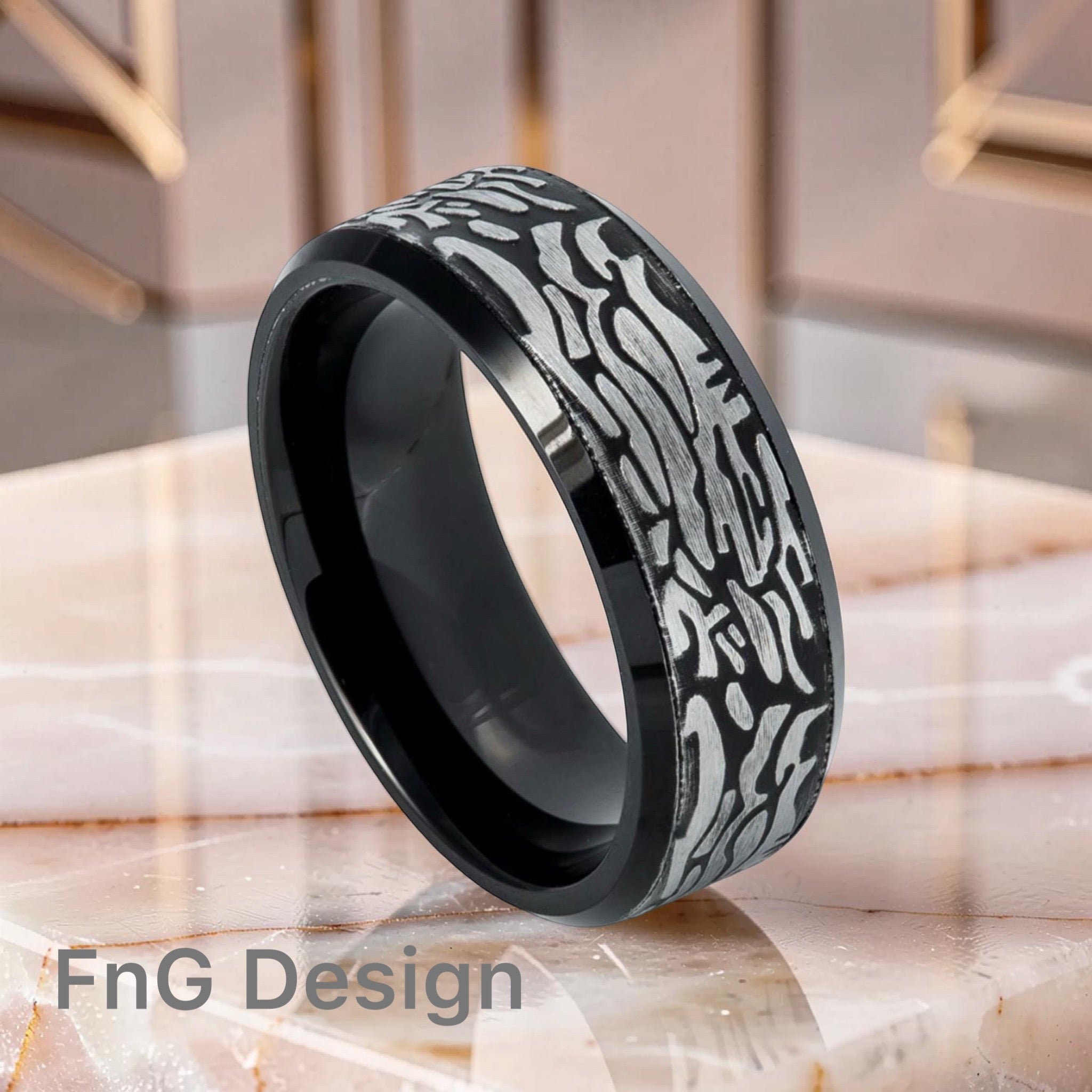 Tungsten Ring Black IP Plated Ring with Laser Carved Rock Art Pattern 8mm