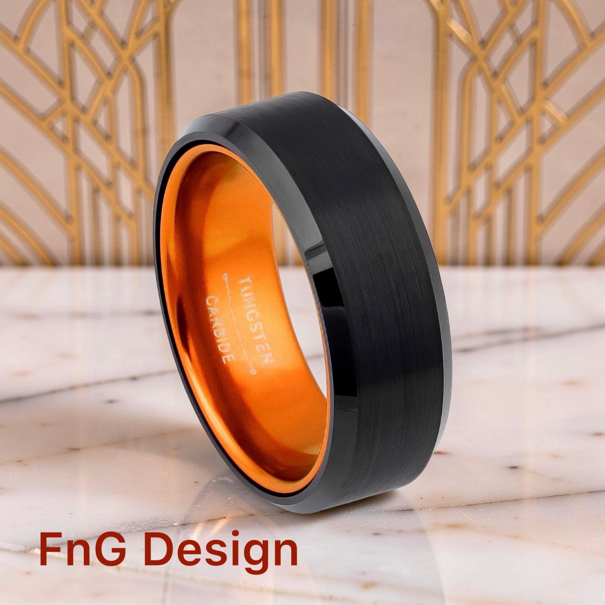 Tungsten Ring Black IP Brushed Center, Shiny Beveled Edge with Orange Anodized Aluminum Sleeve/Insert 8mm