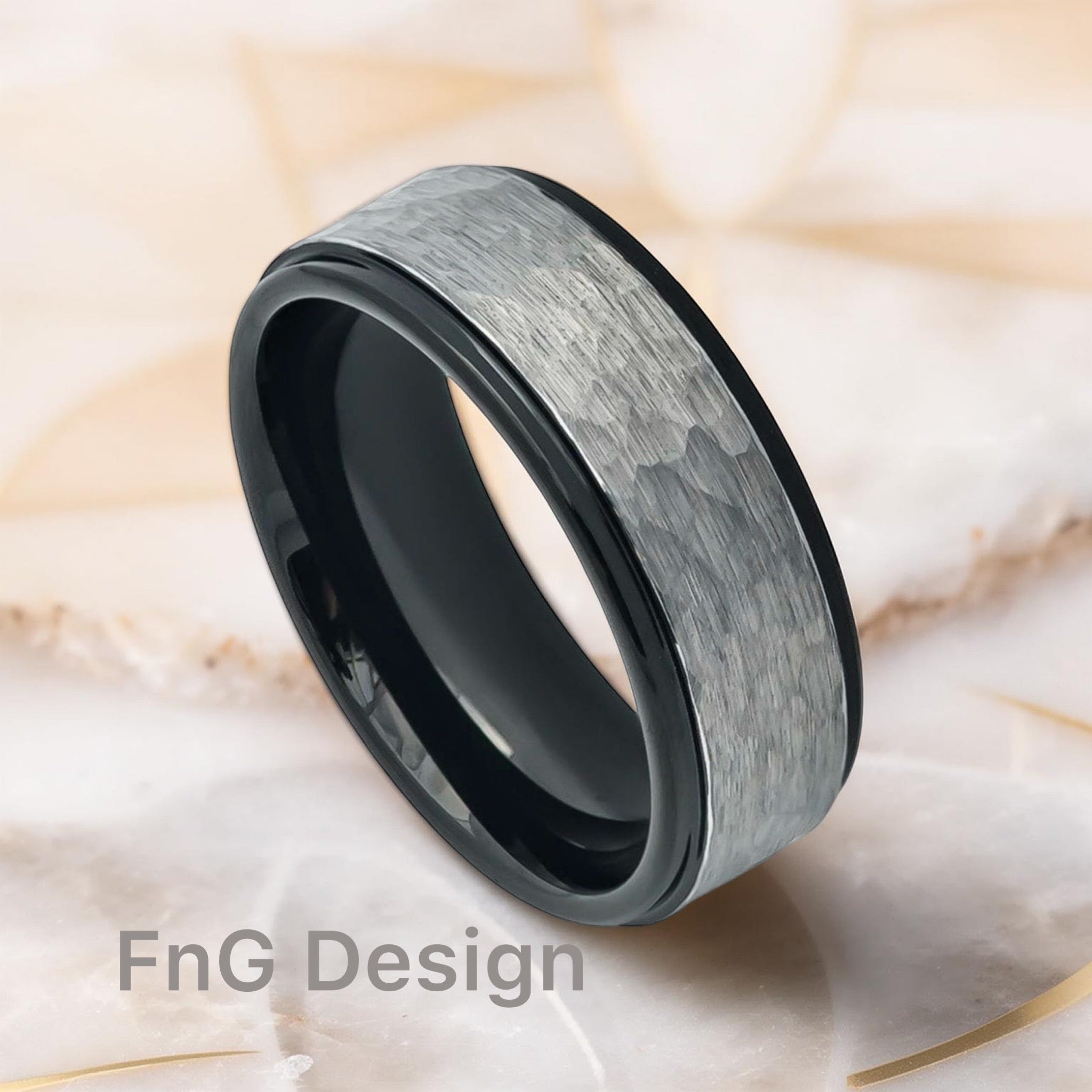 Tungsten Ring Two-tone Hammered Gun Metal Brushed Finish Black IP Inner Ring Stepped Edge – 8mm