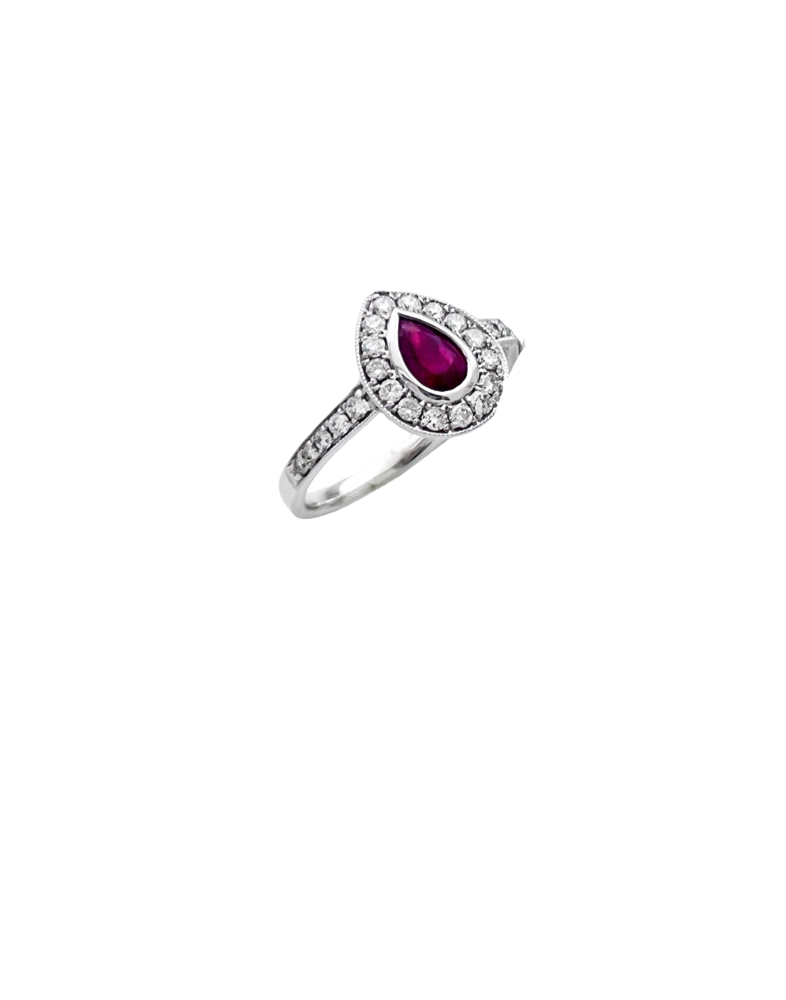 0.26 Carats Diamond VS2 & 0.39 Carats Red Ruby Pear Shape Set In 14 Karat White Gold Ring