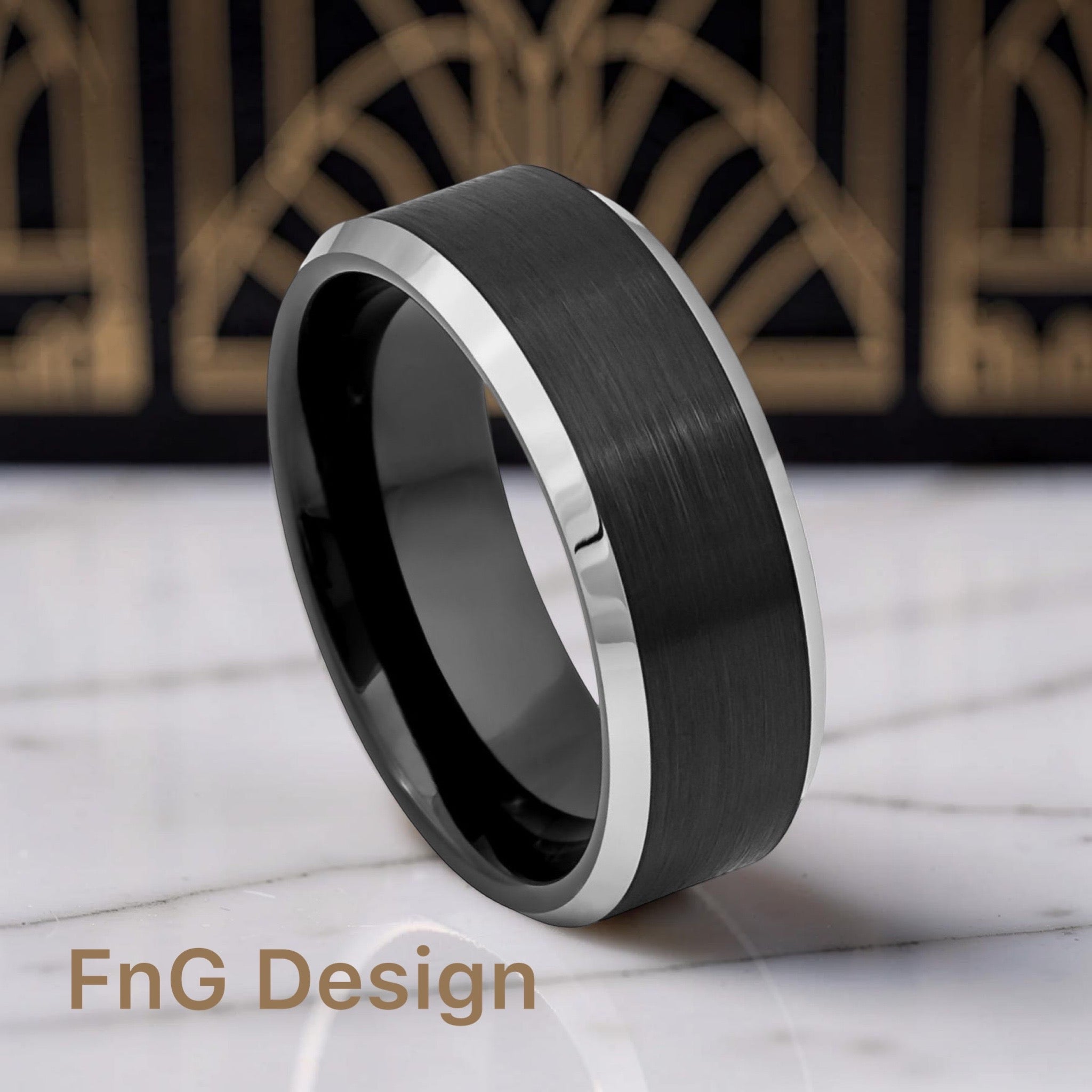 Tungsten Ring Black IP Plated Brushed Center High Polished Steel Color Beveled Edge – 8mm