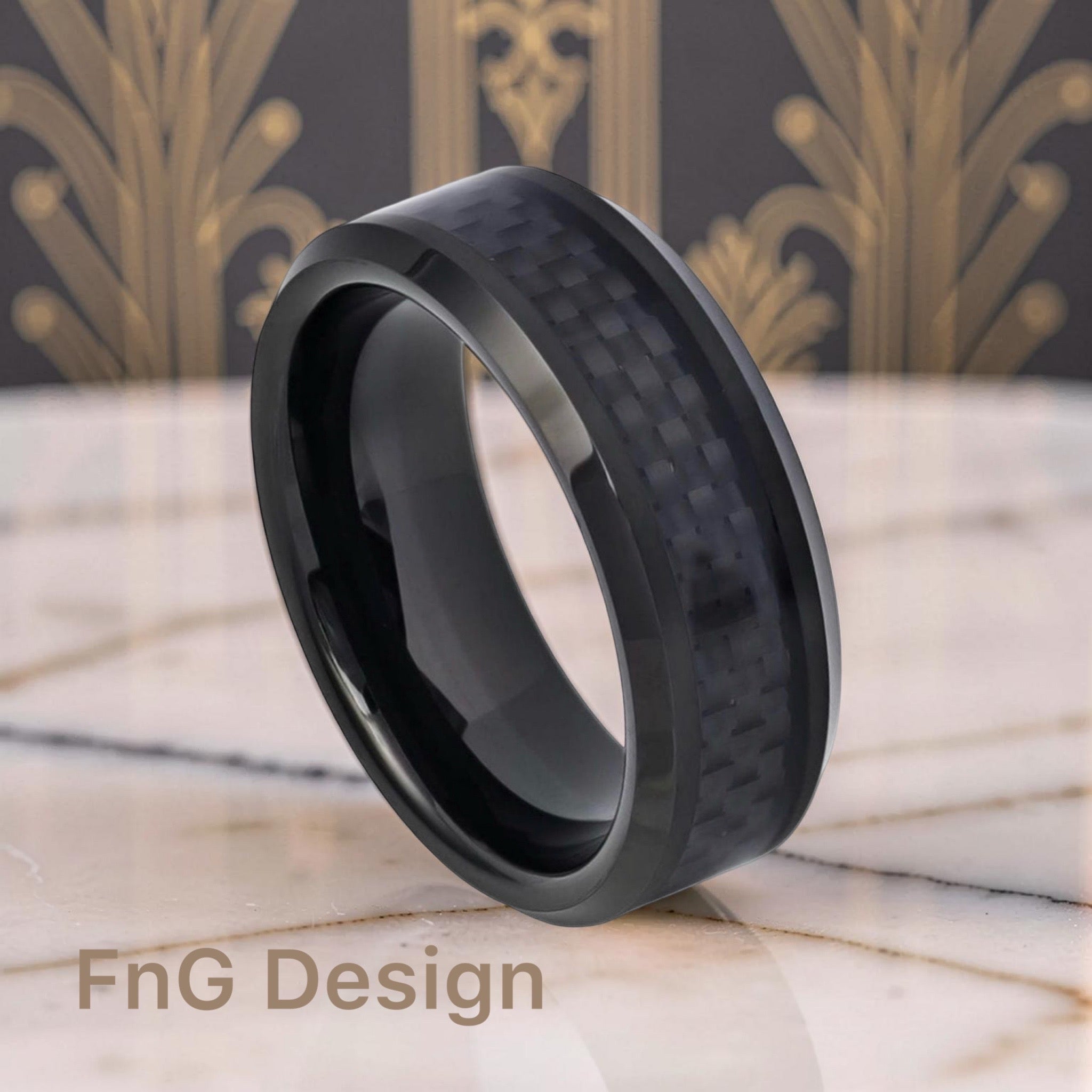 Tungsten Ring High Polished Black IP Plated with Black Carbon Fiber Inlay Beveled Edge – 8mm