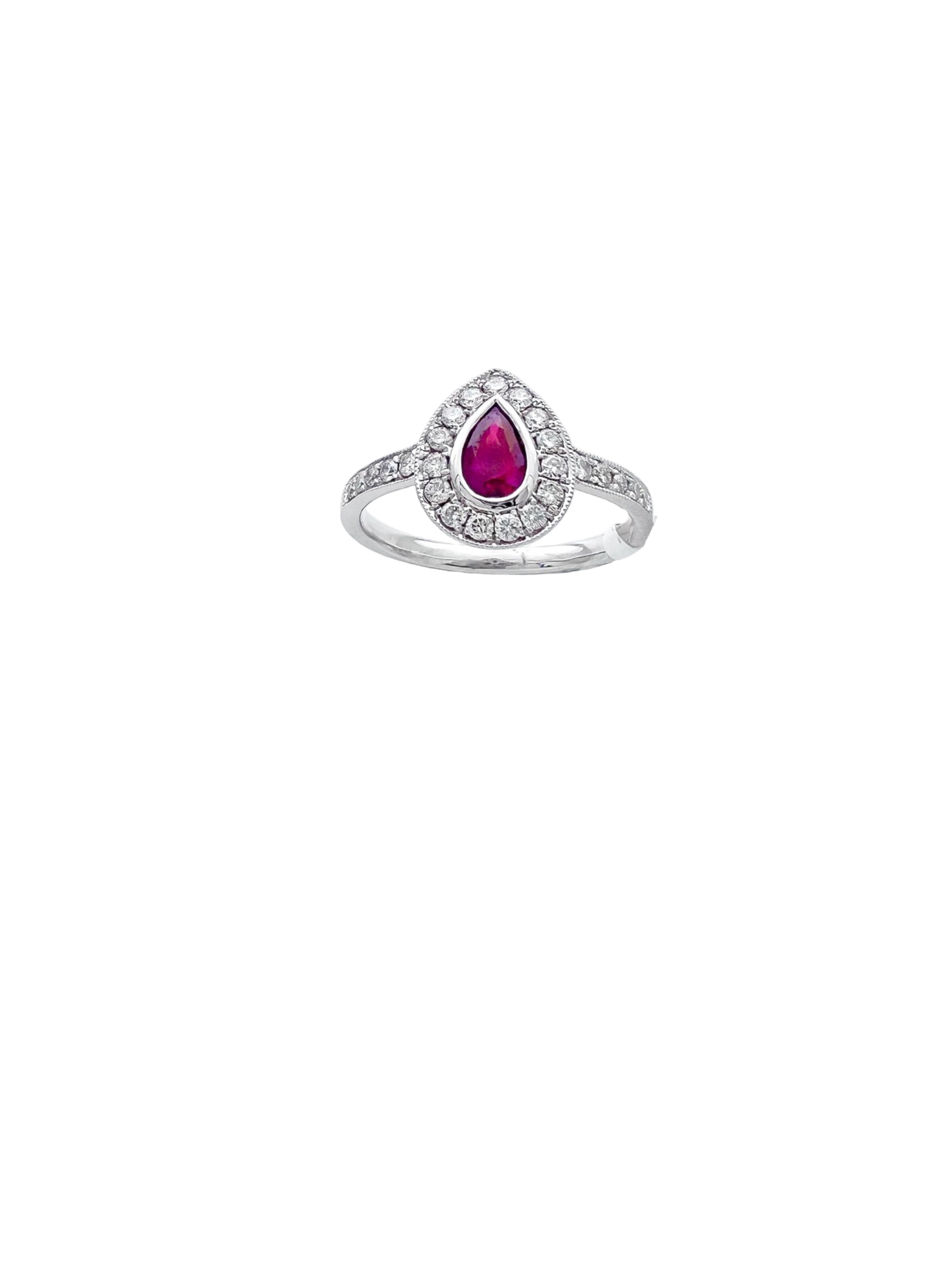 0.26 Carats Diamond VS2 & 0.39 Carats Red Ruby Pear Shape Set In 14 Karat White Gold Ring
