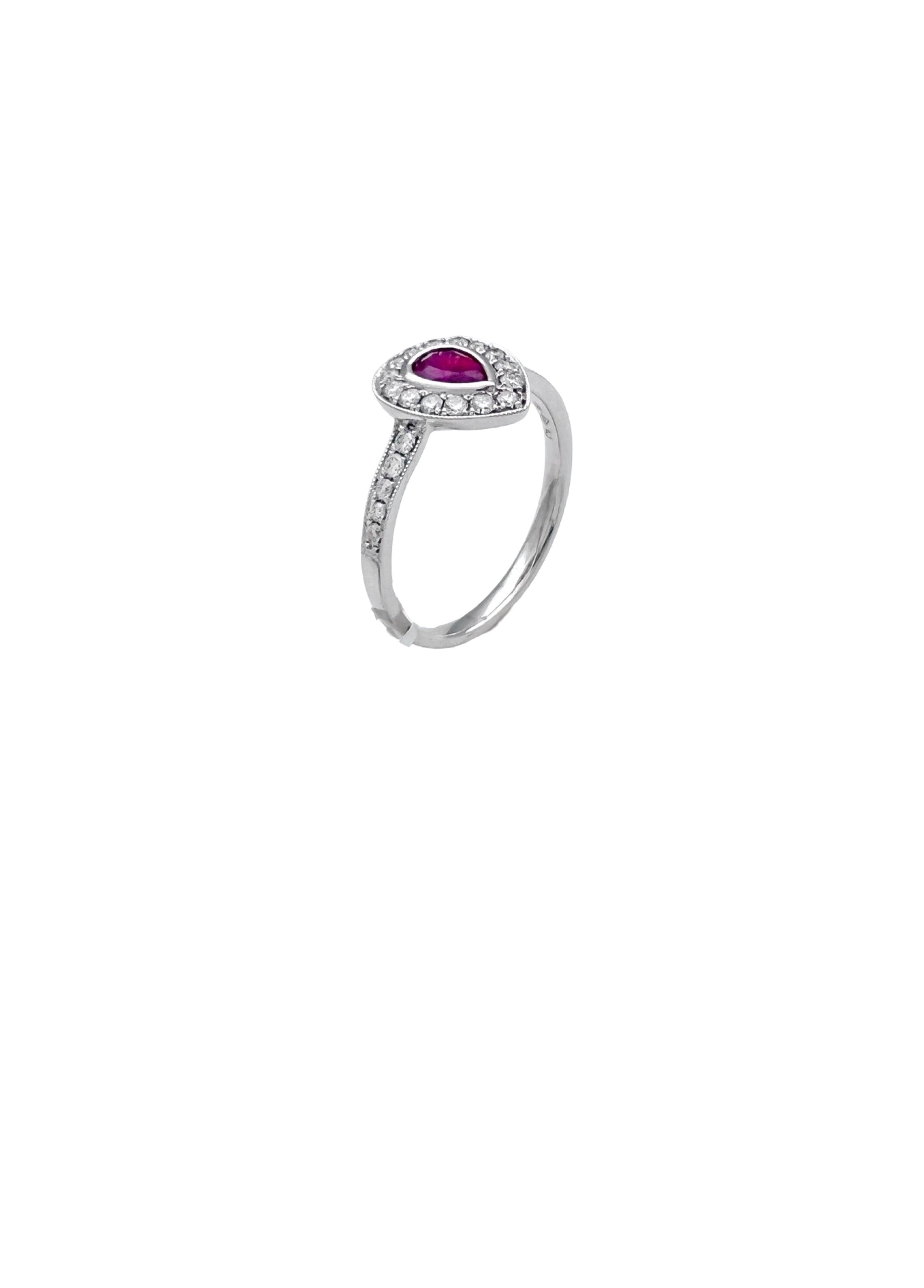 0.26 Carats Diamond VS2 & 0.39 Carats Red Ruby Pear Shape Set In 14 Karat White Gold Ring