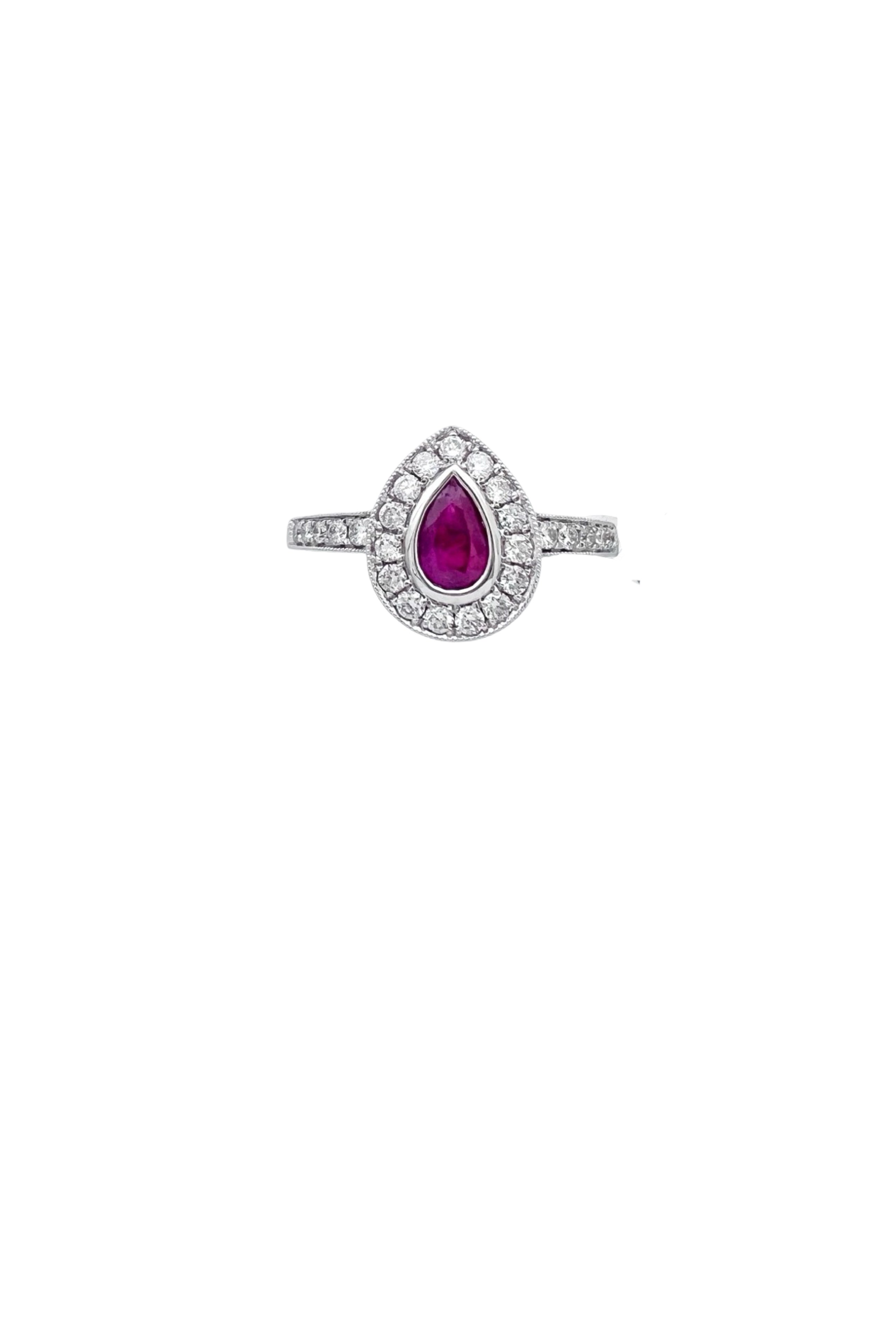 0.26 Carats Diamond VS2 & 0.39 Carats Red Ruby Pear Shape Set In 14 Karat White Gold Ring