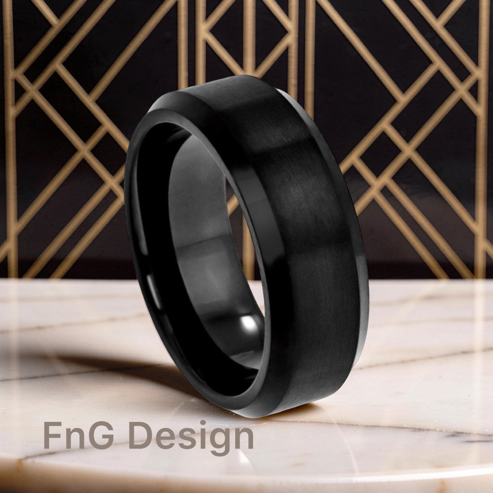 Tungsten Ring Flat Brushed Center, High Polished Beveled Edge – 8mm