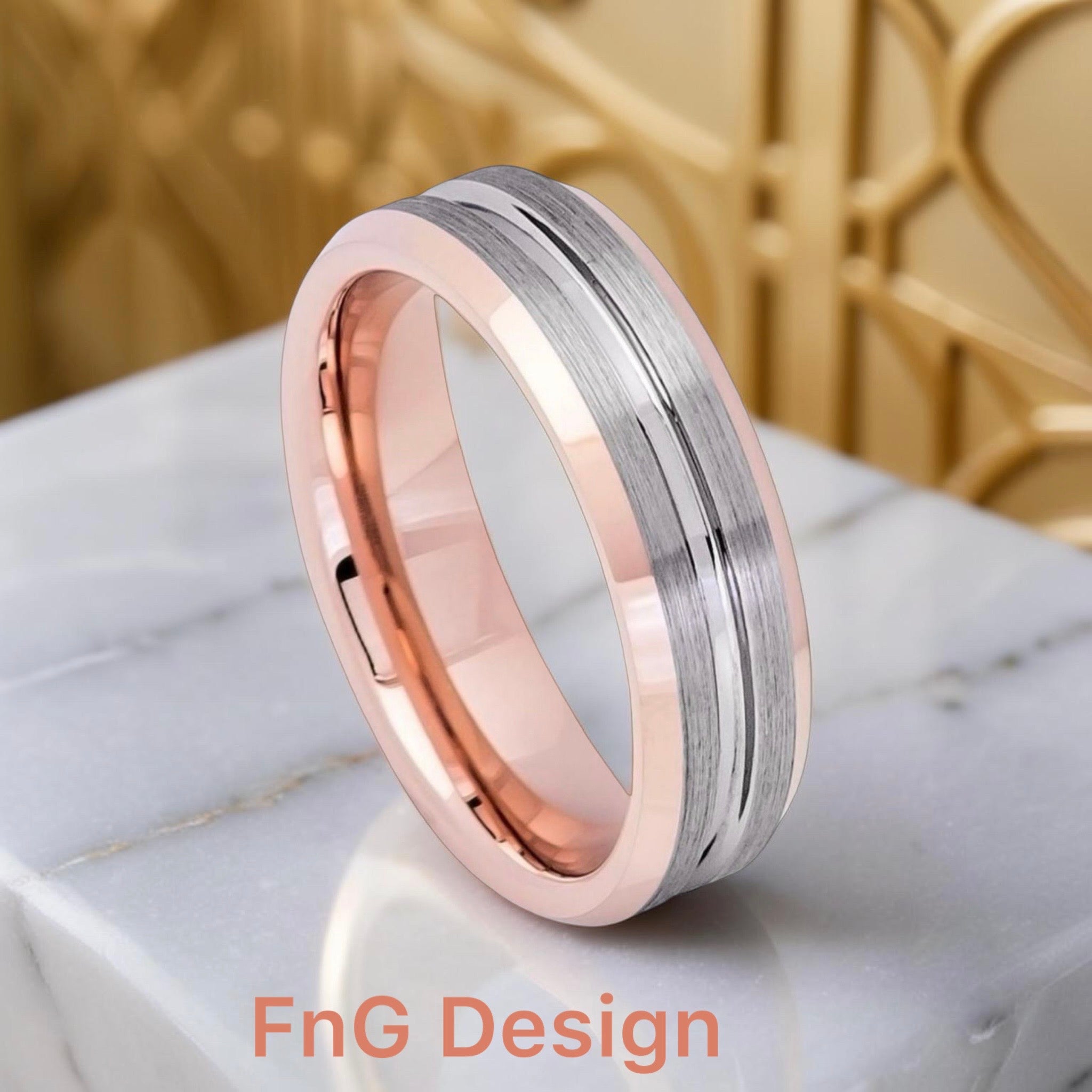 Rose Gold IP Plated Inside & Gun Metal Grooved Brushed Center – 6mm