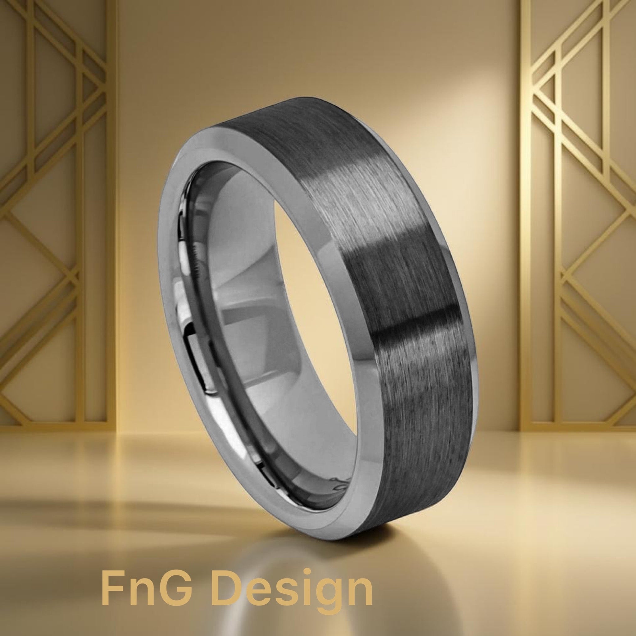 Tungsten Ring Gun Metal IP Plated Brushed Center High Polished Beveled Edge – 8mm
