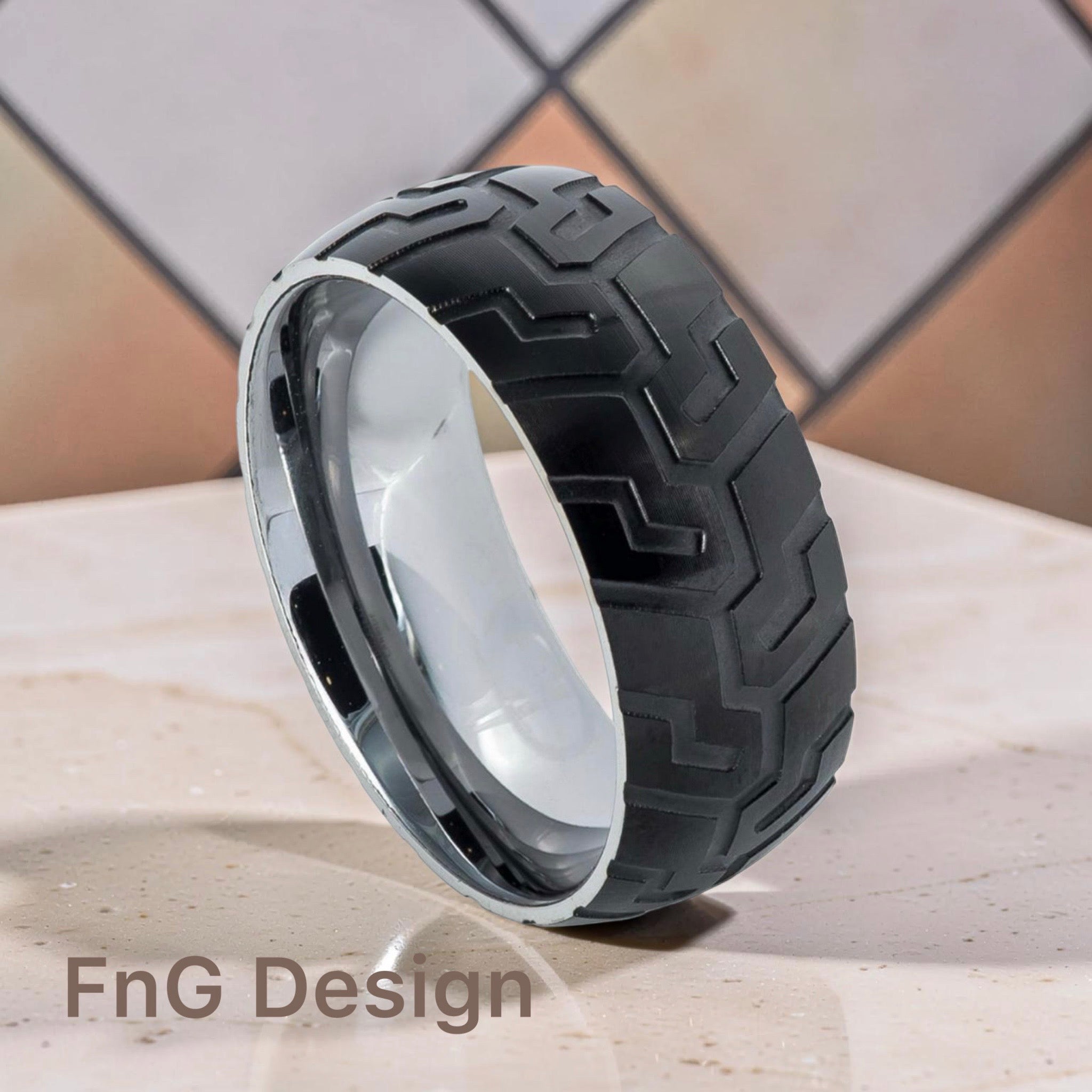 Tungsten Ring Semi-domed Ring with Black IP Plated with Super Sleek Tire Tread Laser Carved Pattern 9mm