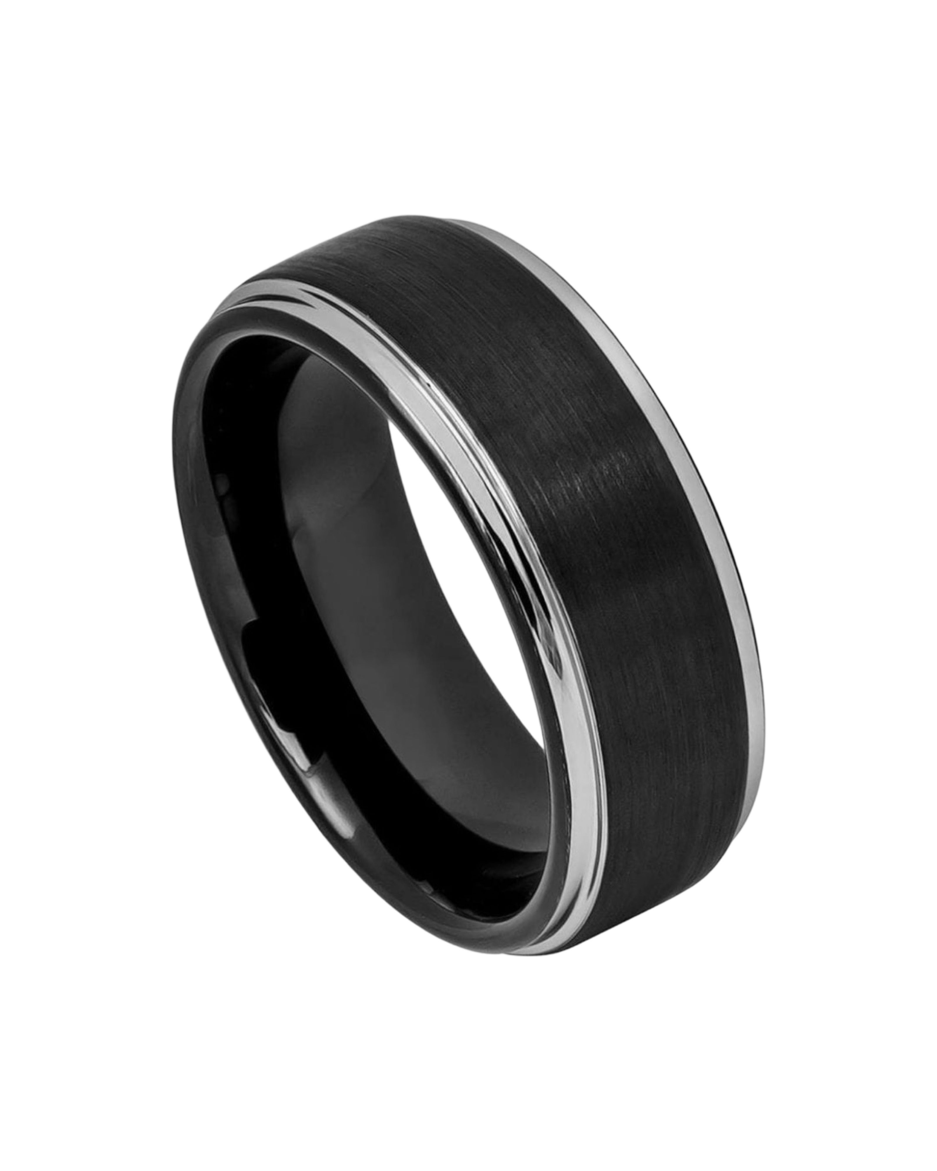 Tungsten Ring Two-tone Black IP Brushed Center Steel Color Stepped Edge – 8mm