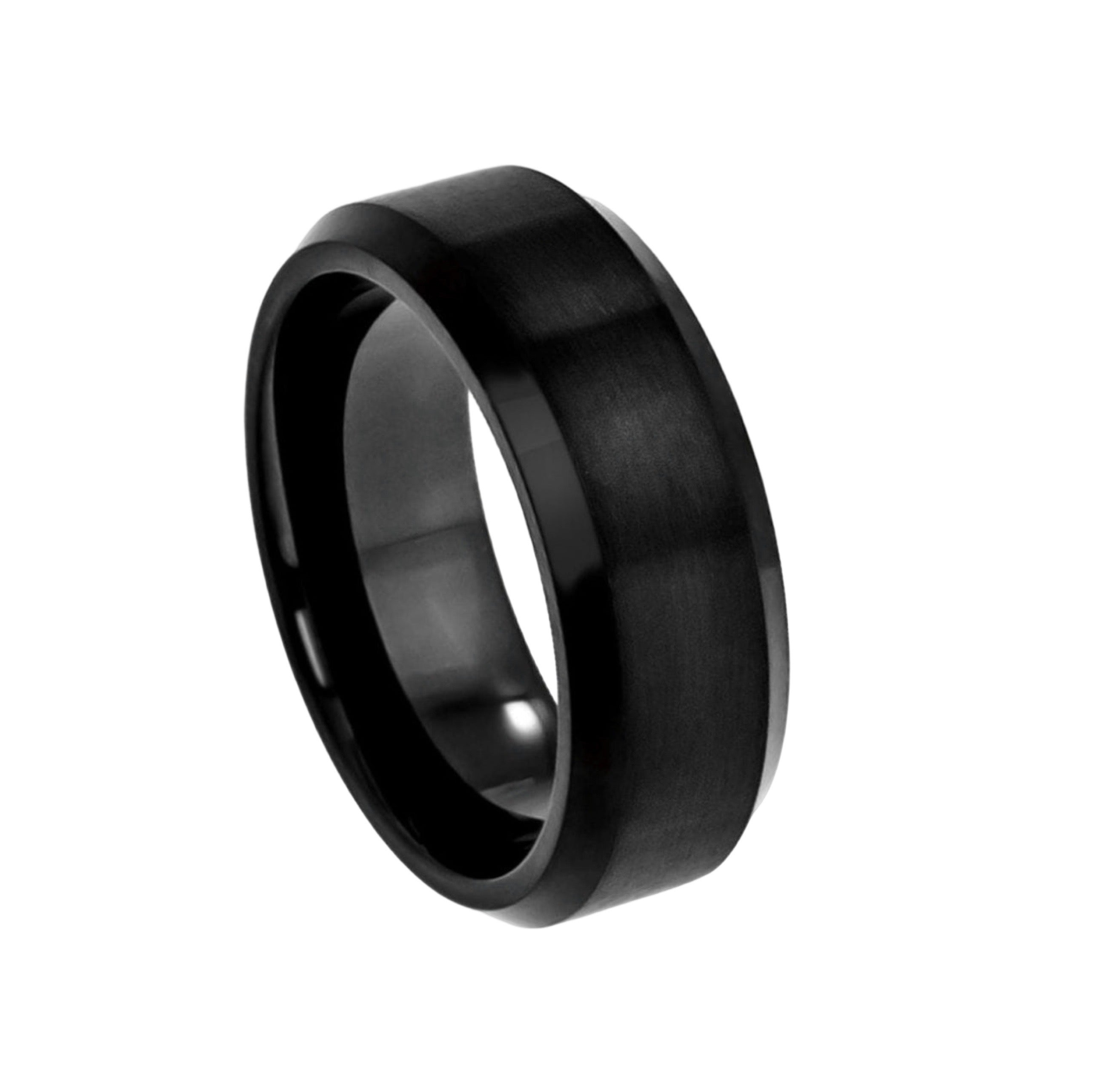 Tungsten Ring Flat Brushed Center, High Polished Beveled Edge – 8mm