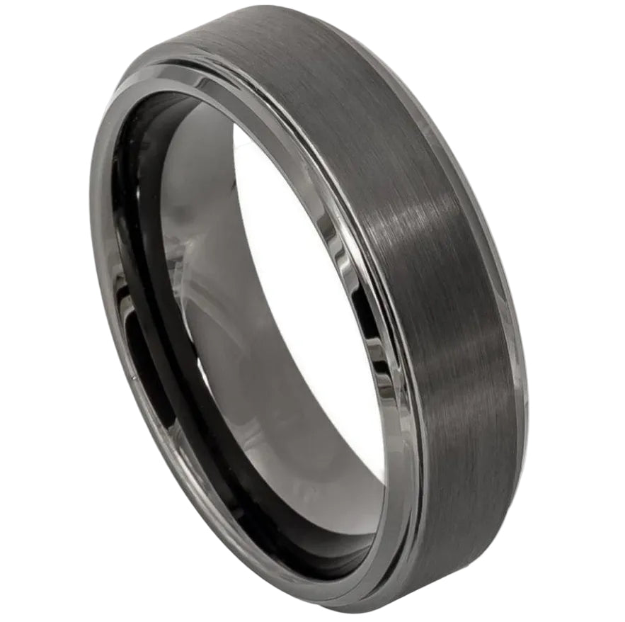 Tungsten Ring Gun Metal IP Plated Brushed Center High Polish Stepped/Beveled Edge 6mm